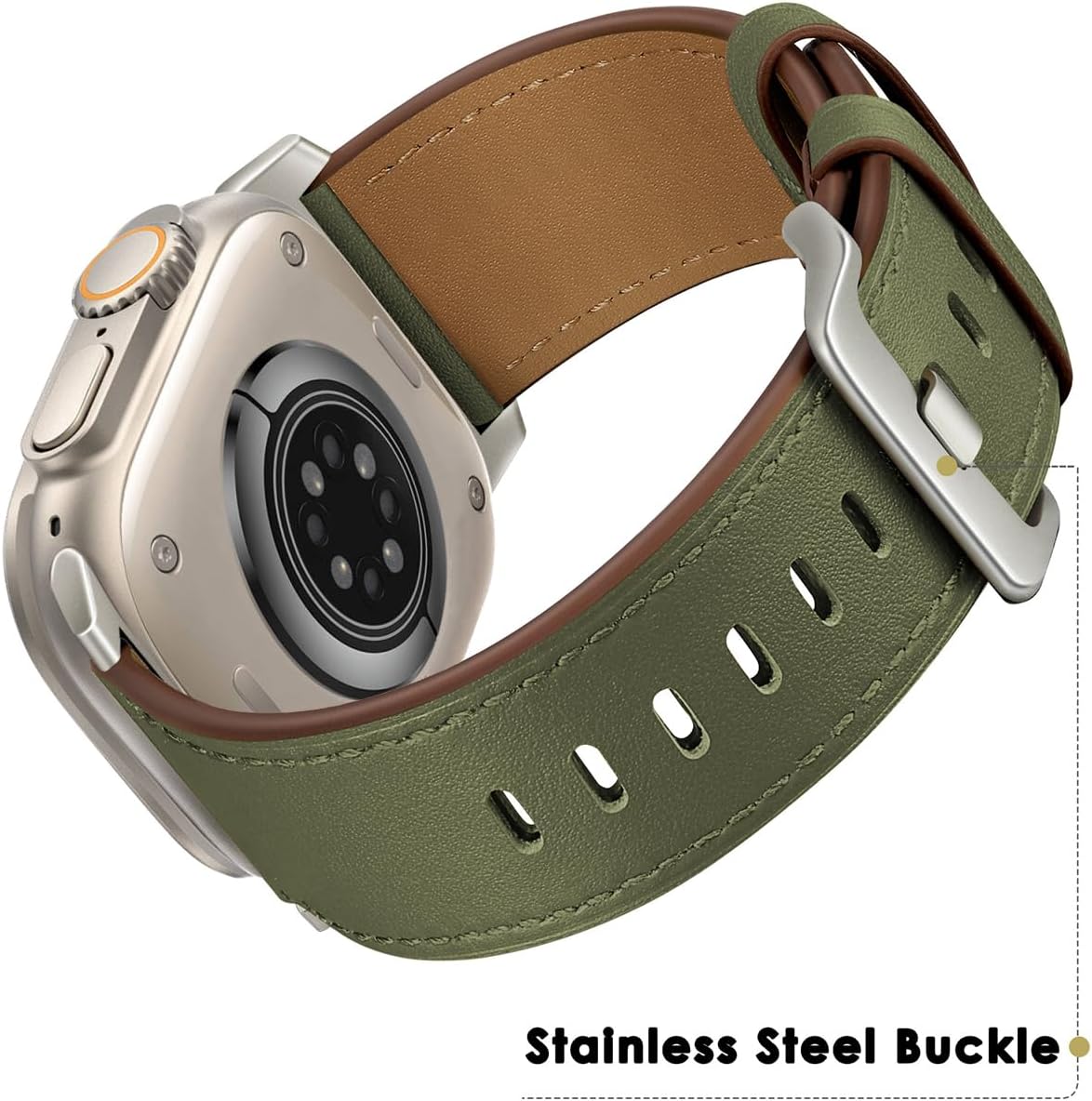 UUPWPOKT Leather Band Compatible with Apple Watch Ultra 3/2/1 Band 49mm 46mm 45mm 44mm 42mm Men, Genuine Leather Strap for iWatch Ultra Series 11 10 9 8 7 6 5 4 3 2 1 SE 3/2/1, Army Green/Titanium - Image 2