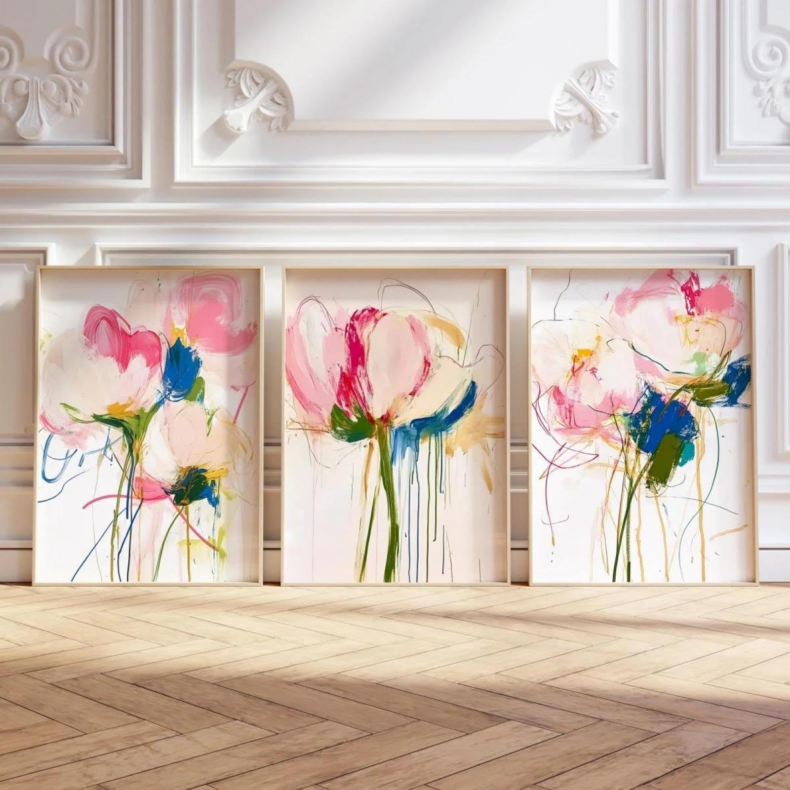 Baibexing Abstract Botanical Colorful Floral Vibrant Floral Canvas Painting Poster Print Wall Art Bedroom Home Decor 21X30Cmx3Pcs Unframed