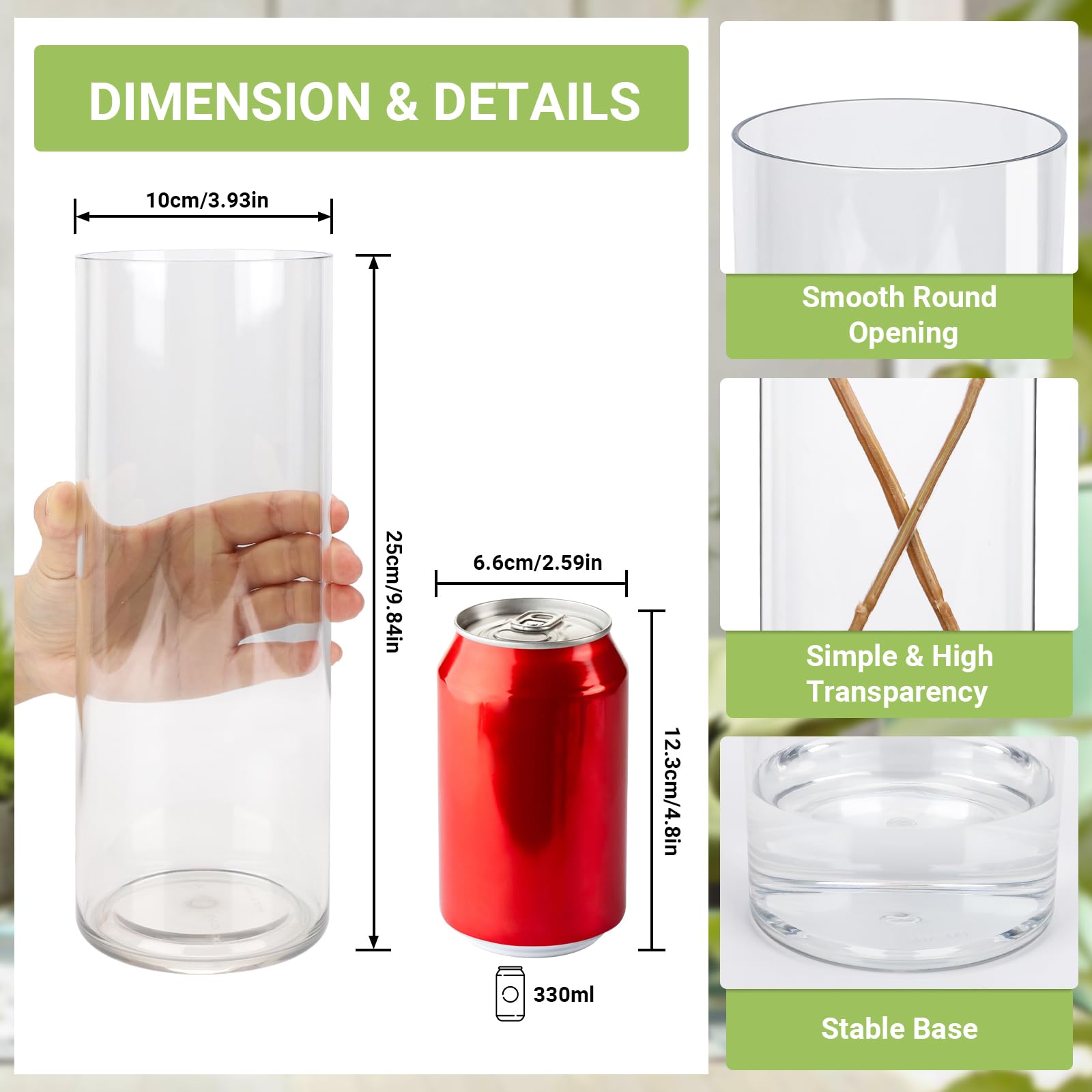 SUREAM Cylinder Vases, 10 Inch Tall Plastic Flower Vase, Clear Vases for Centerpieces, Wedding, Table, Party, Dinners, Room Decoration, Opening Round(Not Glass)