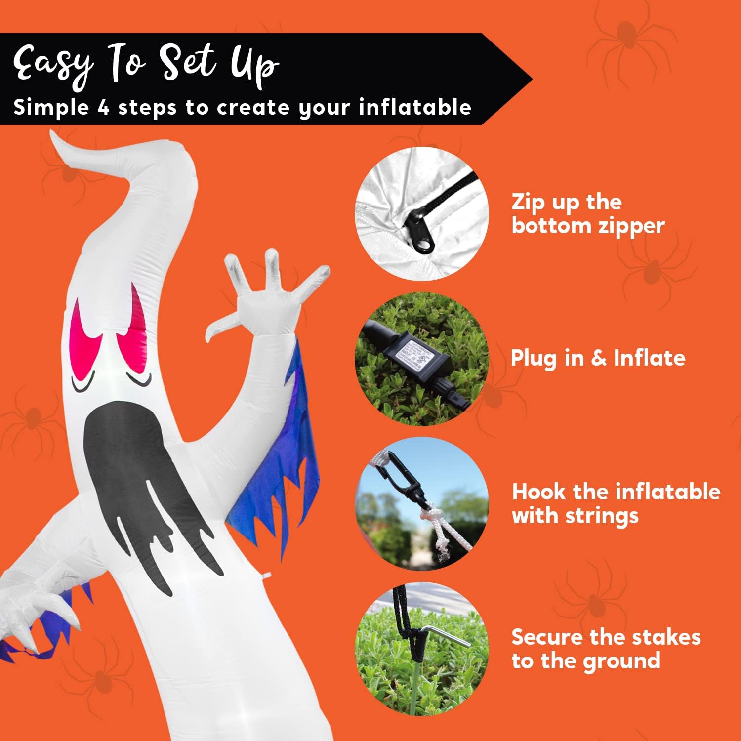 Four-step visual guide for setting up the inflatable: 1. Zip up the bottom zipper, 2. Plug in & Inflate, 3. Hook the inflatable with strings, 4. Secure the stakes to the ground.
