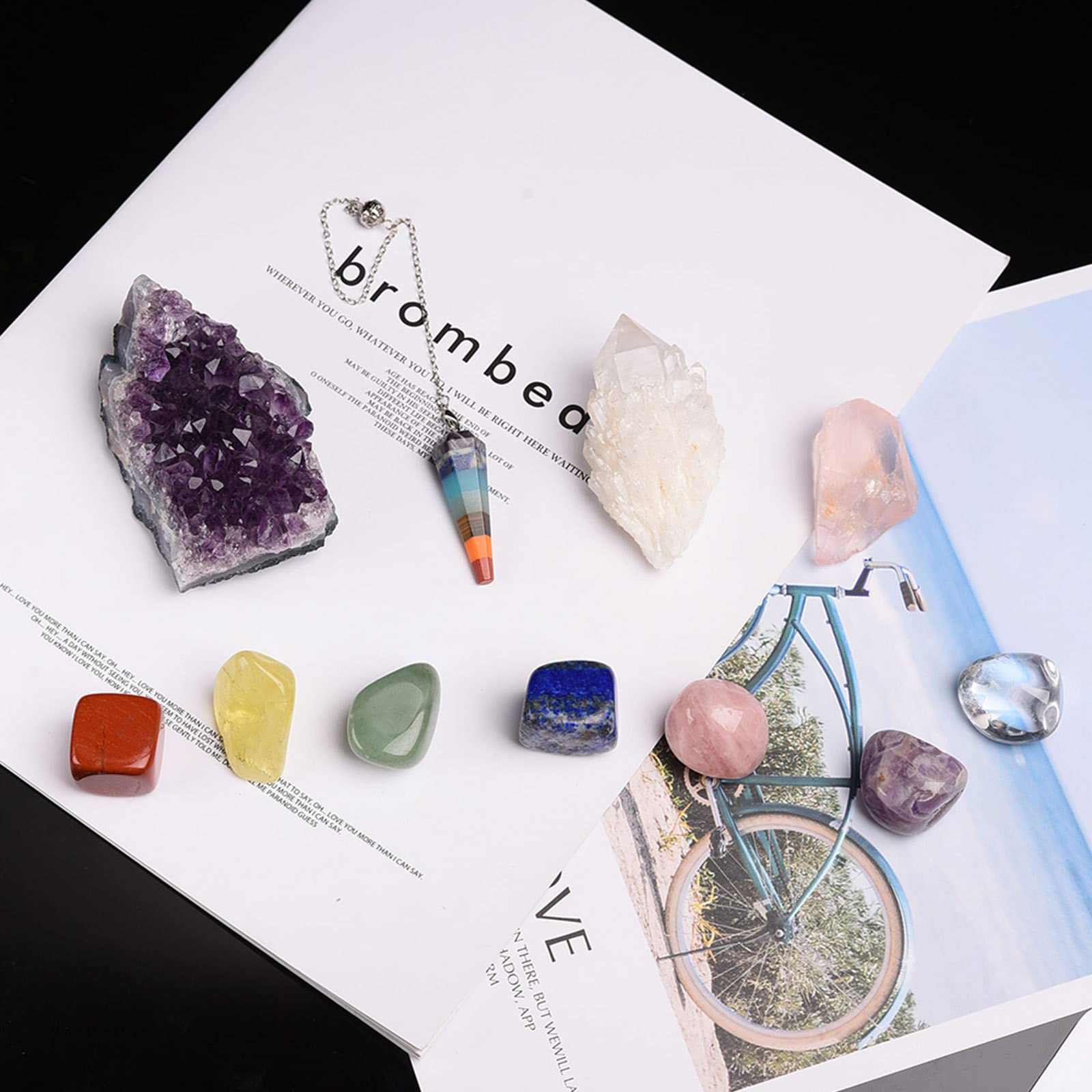 11-teiliges Heilkristall-Set, Chakra-Kristalle-Set, Amethyst-Cluster/Chakra-Pendel/Klarer Quarz-Cluster/Rosenquarz/Chakren-Trommelsteine ​​in Geschenkbox aus Holz, Heilung und Meditation