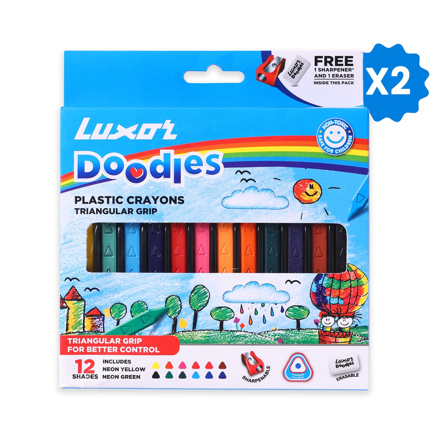 Luxor Doodles Triangular Grip Plastic Crayons| 12 Assorted Shades| 1 Free Eraser & 1 Sharpener | Perfect For Little Artists (B0C7KPZJT3) Amazon Price History, Amazon Price Tracker