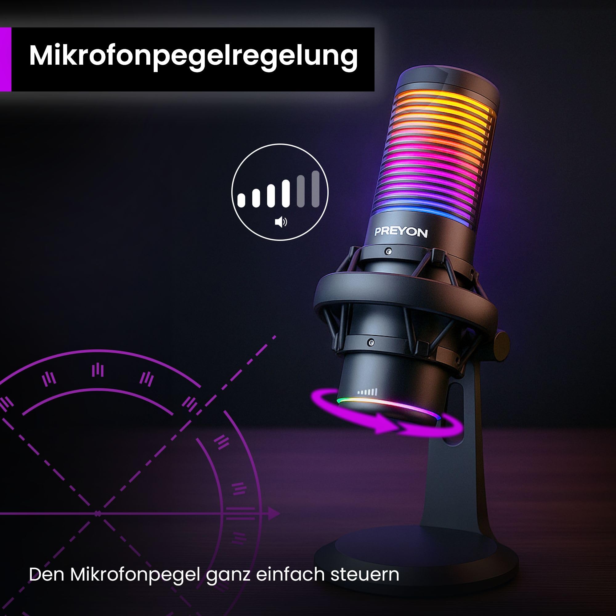 PREYON Gaming Mikrofon PC mit Arm USB Microphone - Podcast Streaming Studio Laptop Stand Mic Zubehör Tischmikrofon RGB Kondensator Stummschaltung Standmikrofon Cardioid Omnidirektional – Schwarz