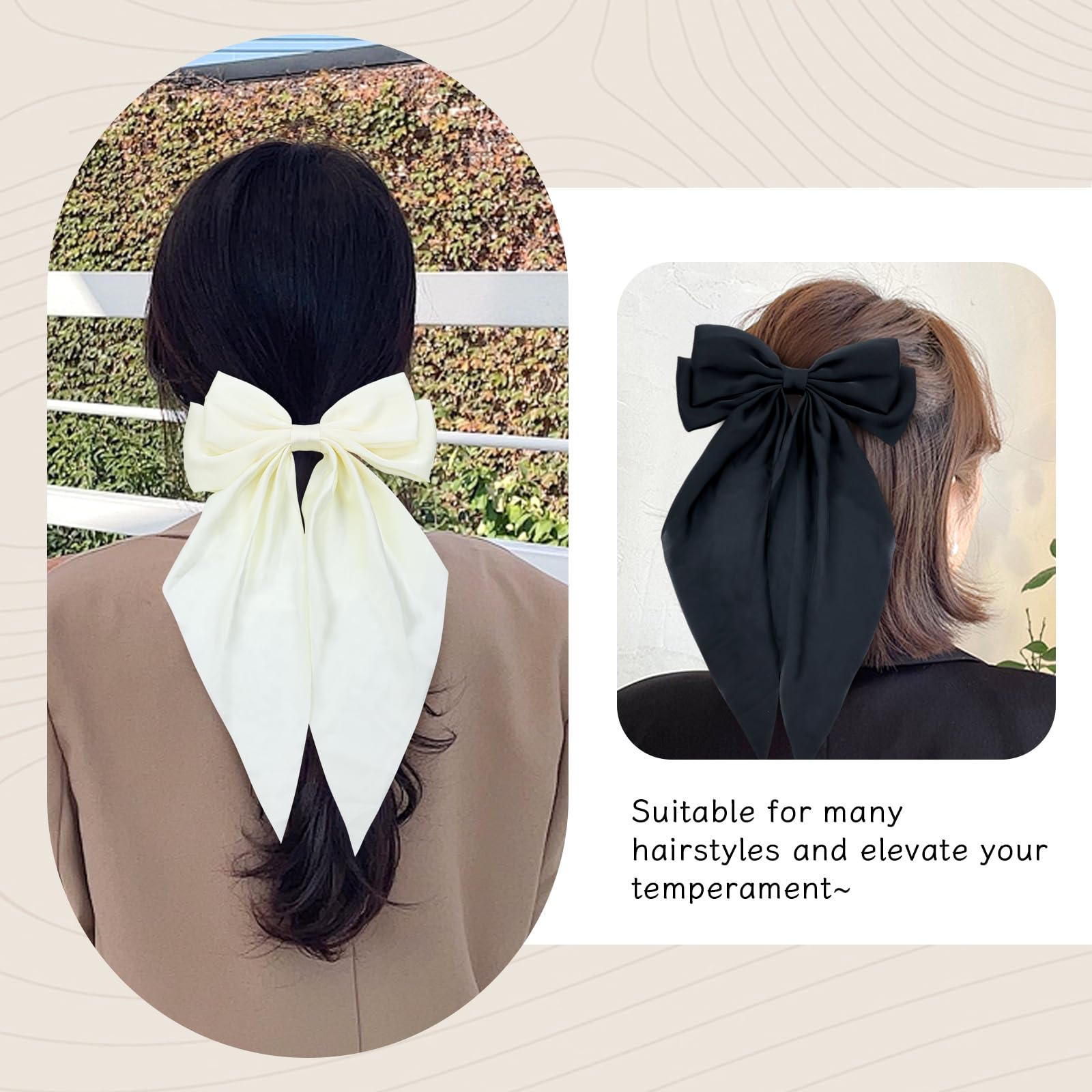 Cinaci 4 Pieces Large Big Oversized Silky Satin Hair Bows for Women Girls Teens Fancy Long Tail Bow French Barrettes Hair Clips Accessories - Image 4