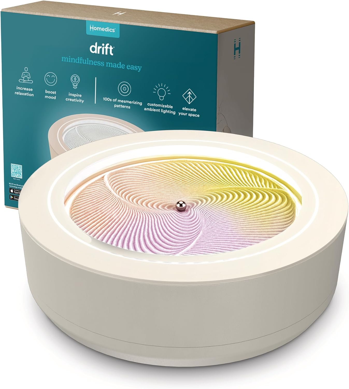 Homedics Drift 11” Sandscape – Version 2.0 with Updated Connected Experience, Smart Wi-Fi Zen Table Décor, LED Ambient Light, Modern Sand Art for Relaxation & Mindfulness, Home & Office Calm Décor