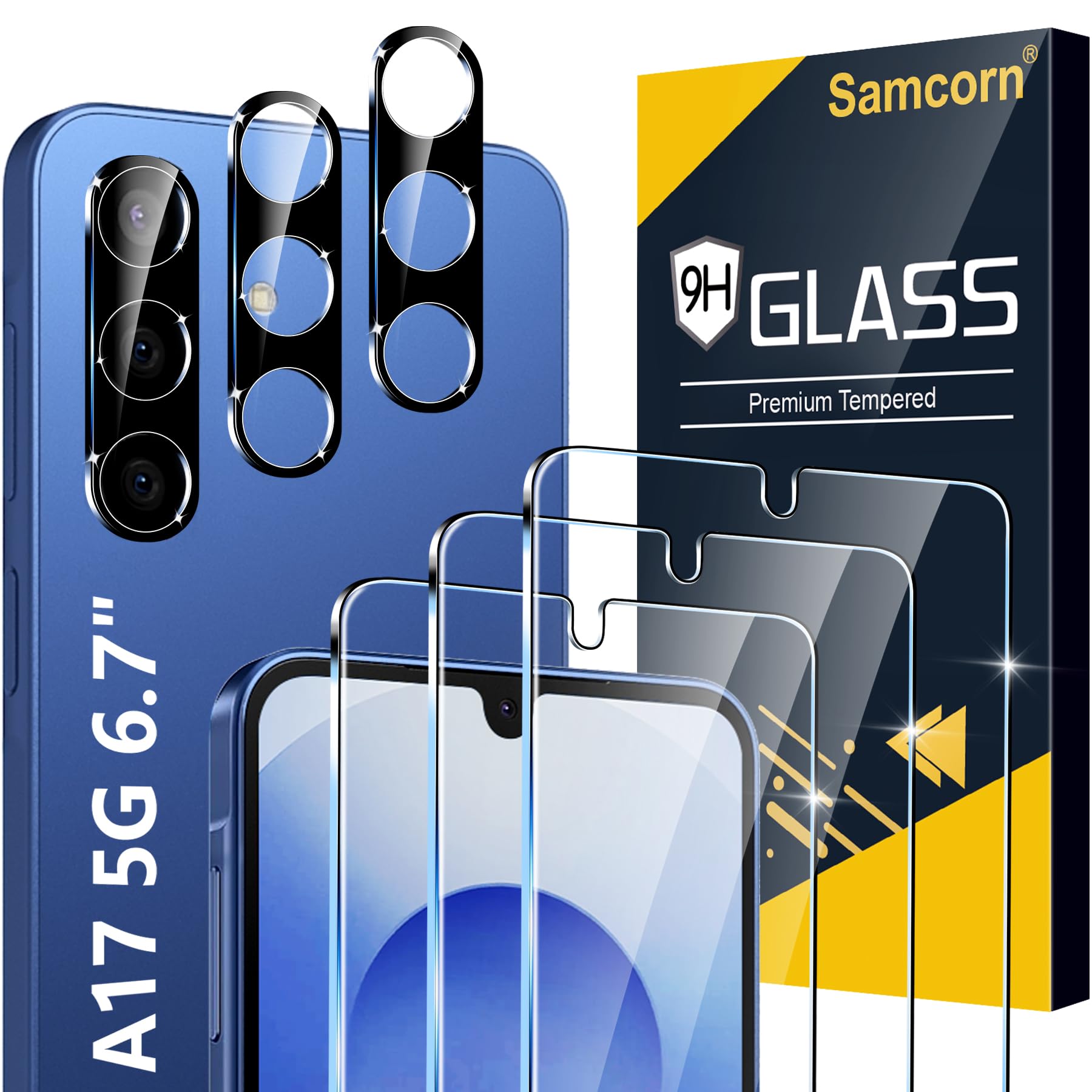 Photo 1 of [3+3 Pack] Pack Galaxy A17 5G Screen Protector, HD Clear Tempered Glass, Fingerprint Unlock, 3D Curved, Scratch Resistant, No Bubble for Samsung Galaxy A17 5G Glass Screen Protector