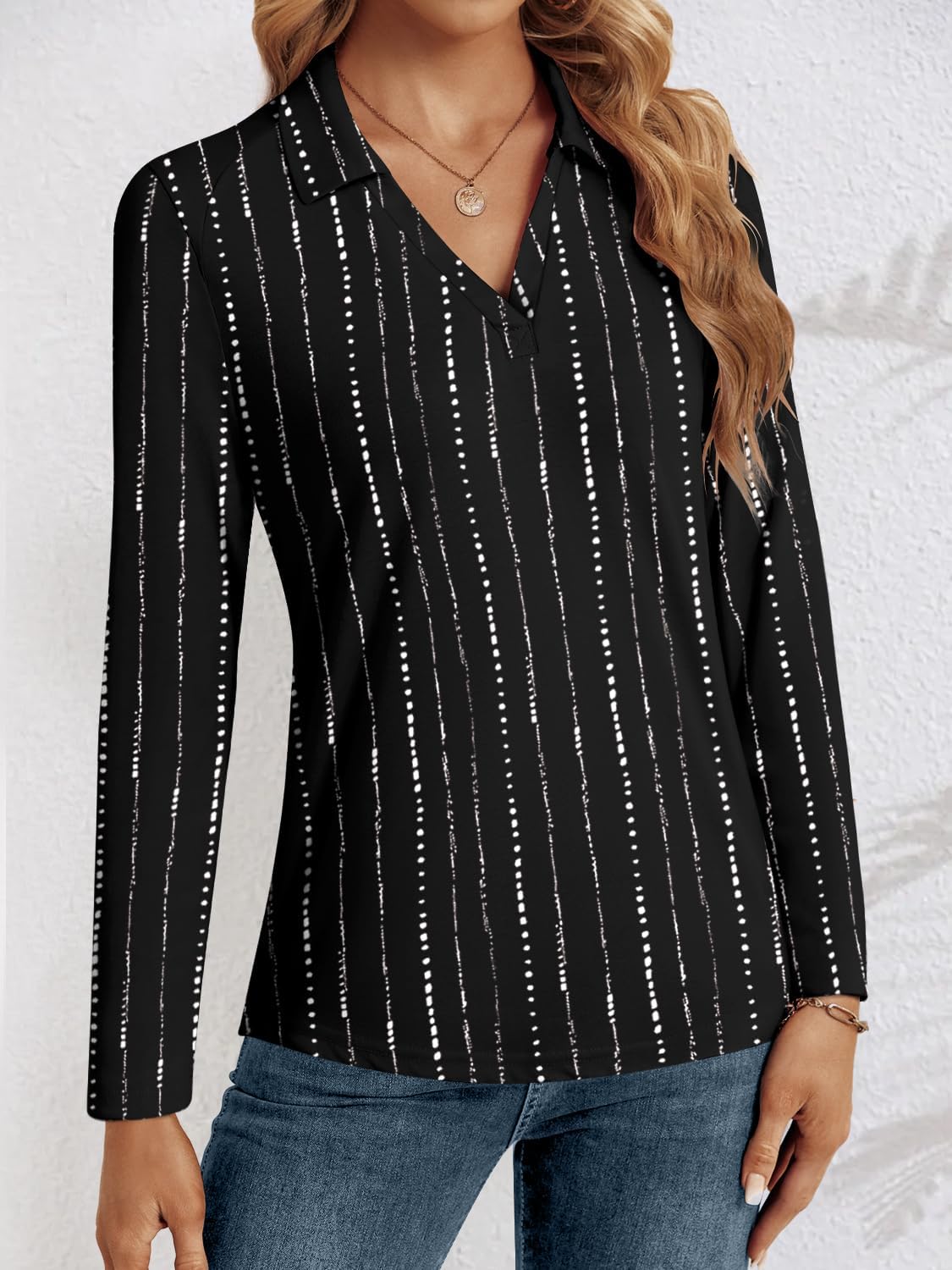 LYHIPSS Long Sleeve Shirts for Women Tops Dressy Casual Business Polo V Neck Fall Tunic Tops Blouses Outfits Black Stripe M