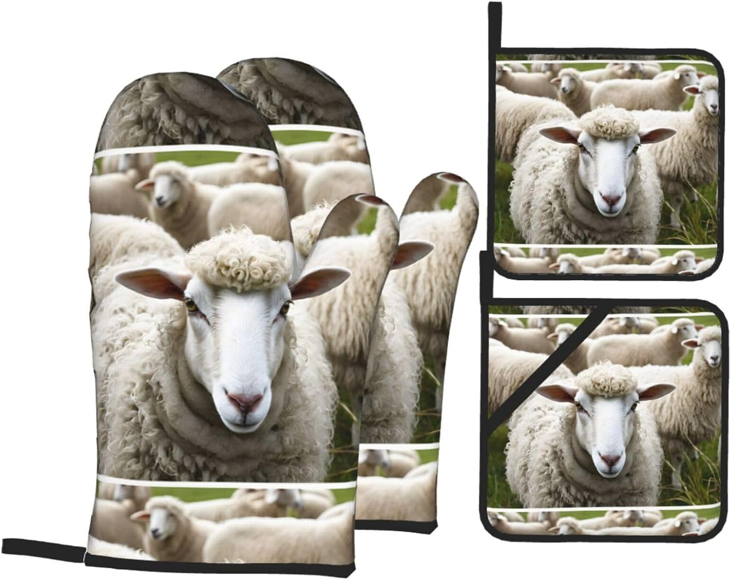 (Cute Sheep Lamb) Baking 4-Piece Set: 2 Oven Mitts and 2 Pot Holders Heat Resistant Waterproof Hanging Loop for Kitchen Oven Grill Housewarming Gifts