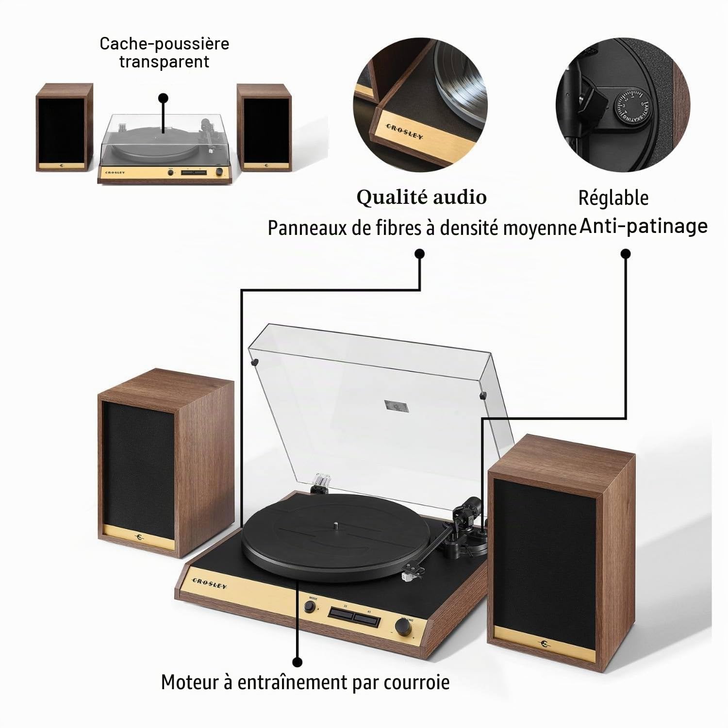 Crosley C72 Tourne-Disque avec Haut-parleurs – Tourne-Disque Bluetooth avec Haut-parleurs d'étagère de 60 W, Lecteur Vinyle Facile à Installer avec Couvercle Anti-poussière, système d'étagère,