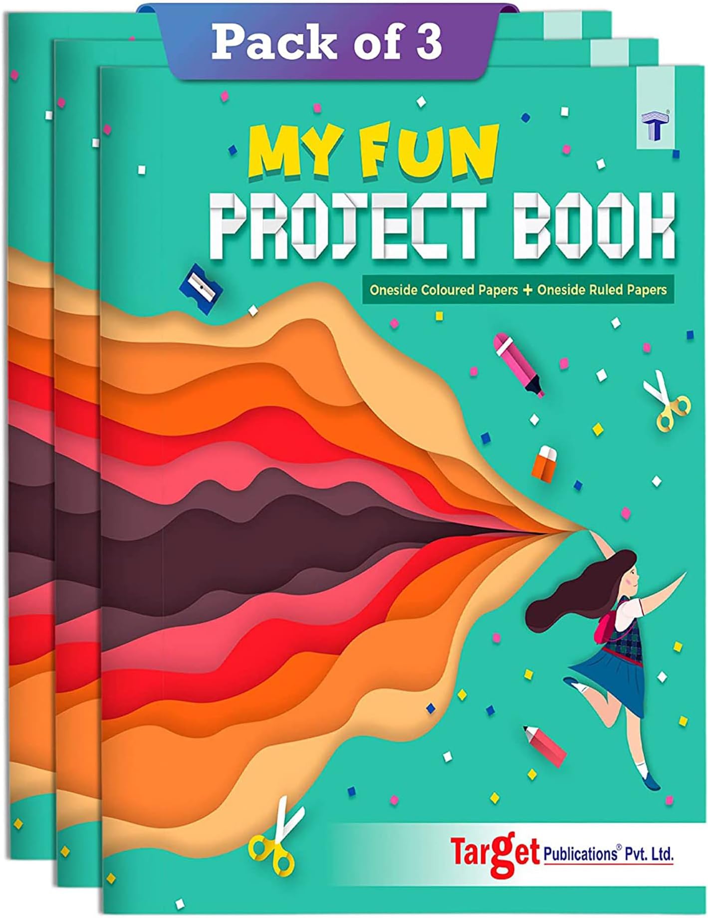 TARGET PUBLICATIONS Single Line Project Sheets with Colourful Pages | 32 Pages A4 Size | 1 Side Ruled & 1 Side Colored Plain Page | Set of 3 Books