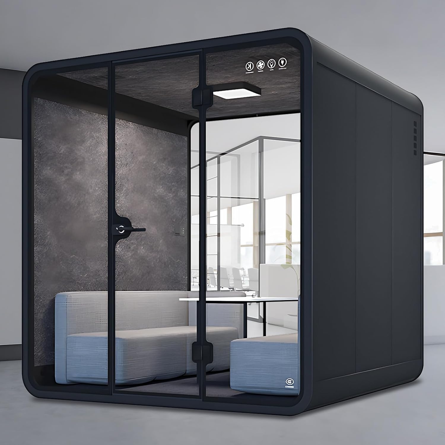 Office Sound Booth with Audio Privacy - Black Office Pod with Curved Corner Design&Small Table,Soundproof Booth Includes Central Lighting,Honeycomb Aluminum Panel,Fans for Meeting(86IN)