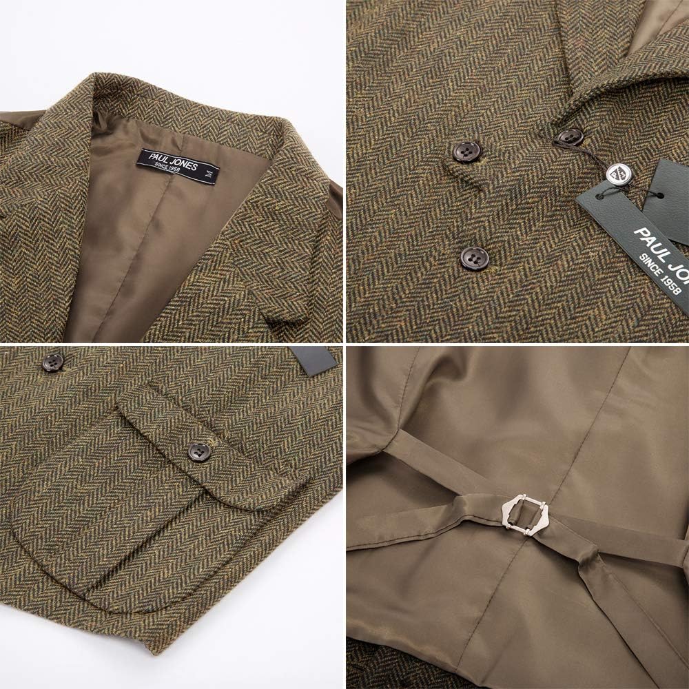 PJ PAUL JONES Mens Western Herringbone Suit Vest Tweed Wool Blend Slim Fit Waistcoat