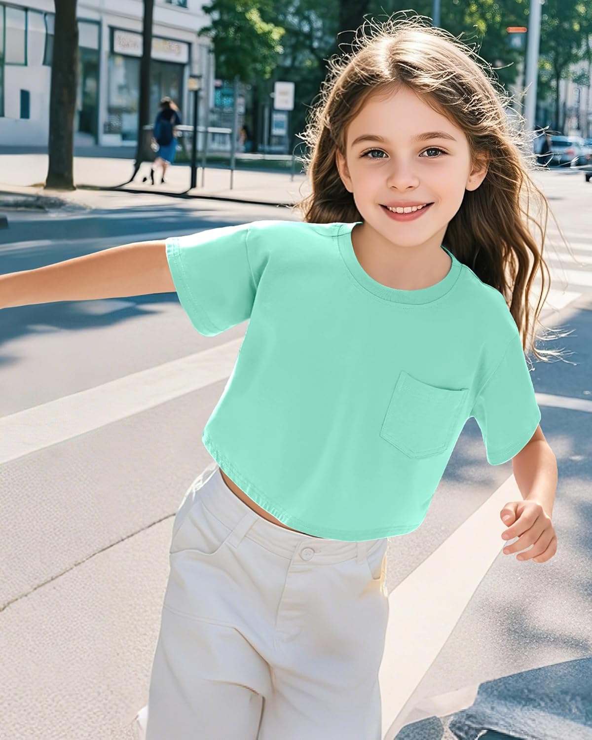 KEREDA Girls Short Sleeve Shirts Crop Tops Crewneck Summer Basic Tees for Kids with Pocket - Image 3