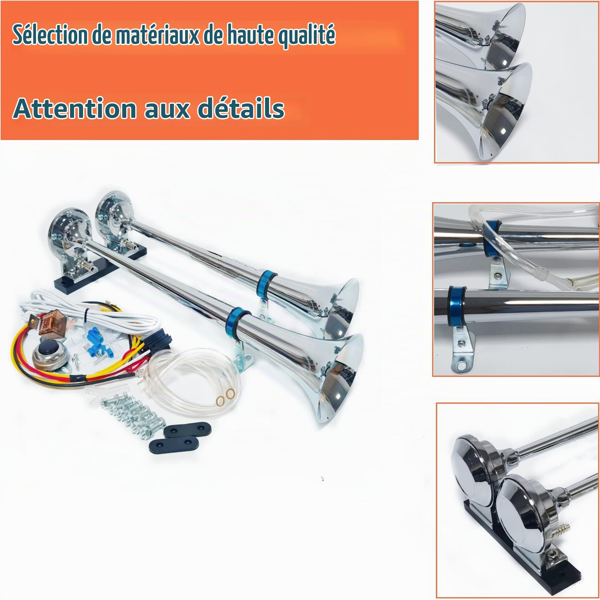 Trompette d'air Trompette de camion Klaxon de voiture 160db Chrome zinc Car Horn Argent Double tube avec pompe à air Haut - parleur Air Horn pour 12V Voiture camion moto yacht etc