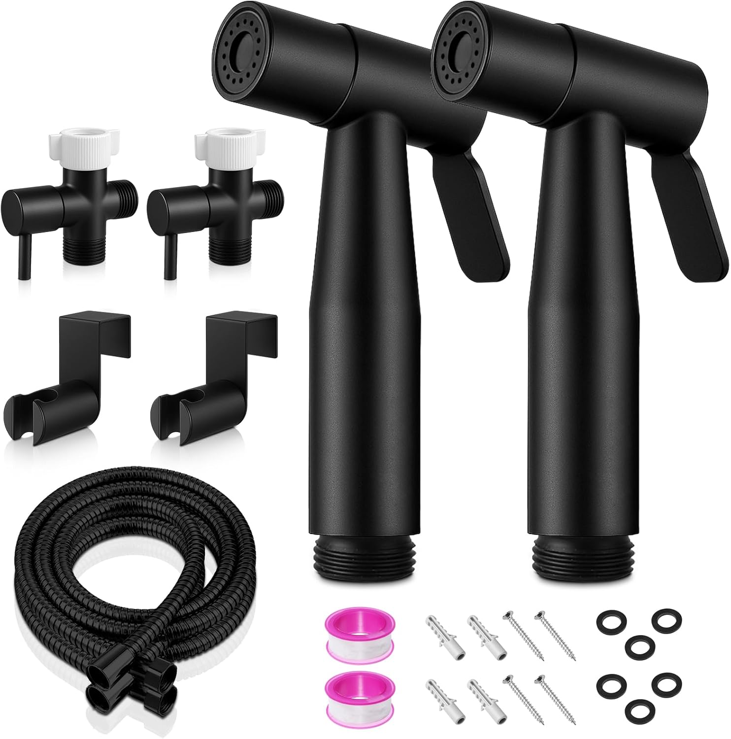 Handheld Toilet Bidet Sprayer 2 Pack, Water Pressure Adjustable Sprayer with Hose and 7/8 "T-Valve, Jet Spray and Soft Spray, for Toilet, Bidet, Shower etc., Stainless Steel, Black