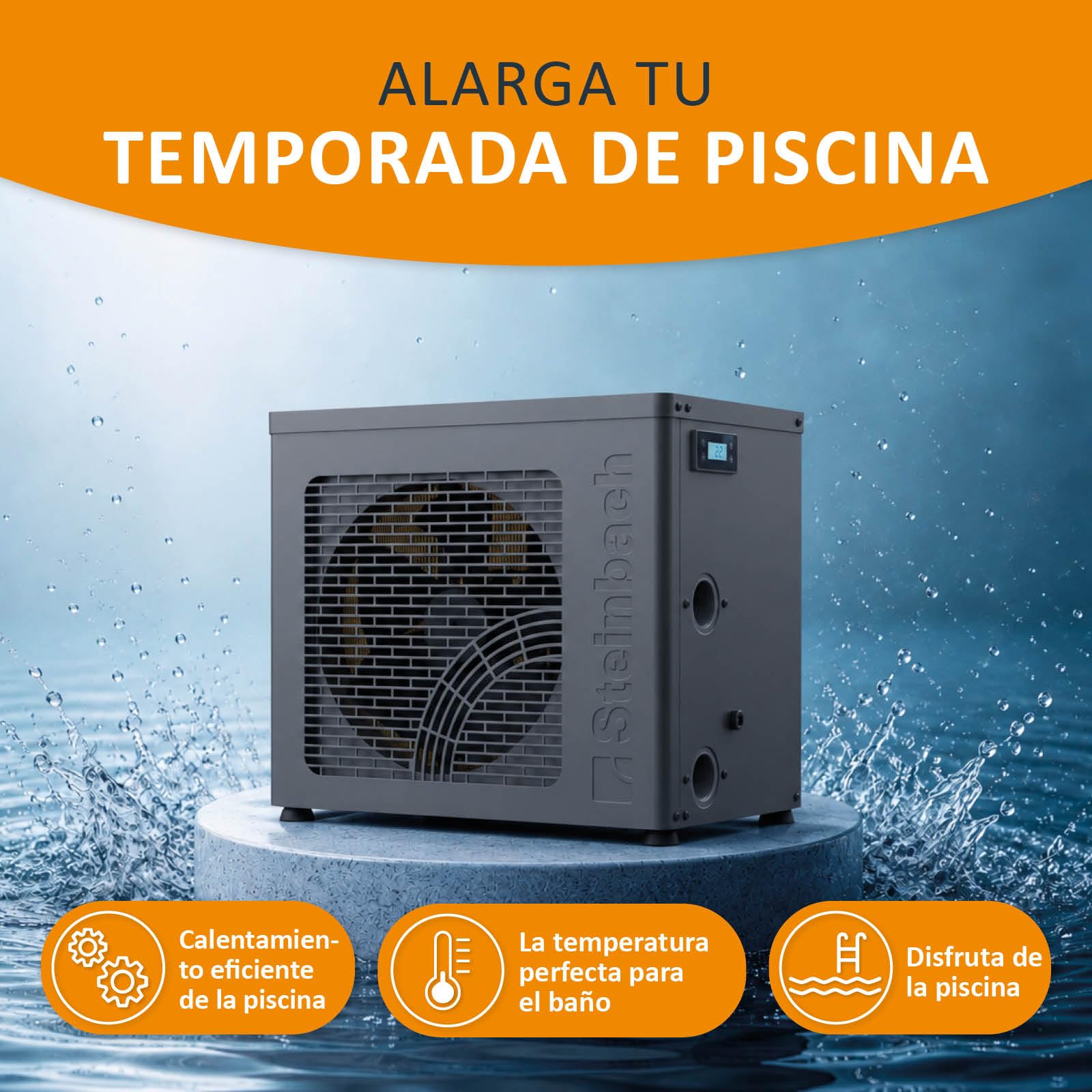 Steinbach Startis Style 049400Z - Bomba de Calor para Piscina de hasta 20.000 L 4,3 kW con Control por aplicación WiFi, Segura para Agua Salada, refrigerante R290 eficiente