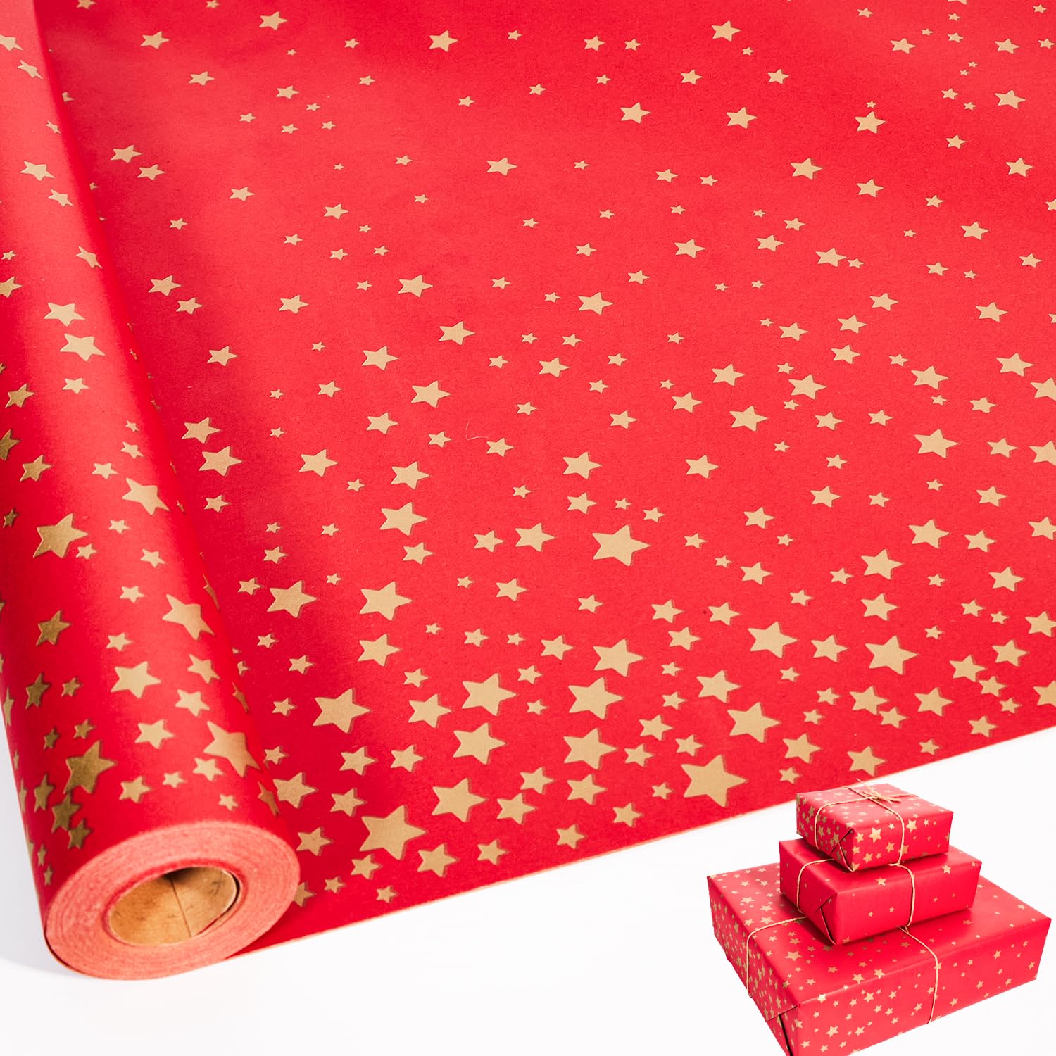 Red Wrapping Paper Roll,43cm X 15m Birthday Wrapping Paper with Star Pattern,Red Kraft Gift Wrap Paper for Birthday,Party,Mother's Day,Wedding,Baby Shower,Christmas