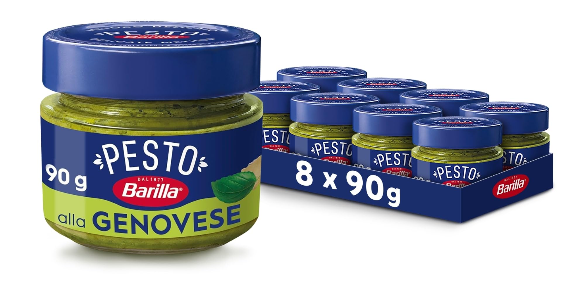 Barilla Sugo 8 Pesti alla Genovese da 90 g con Basilico Italiano e Parmigiano Reggiano DOP, Senza Glutine 90 g (Confezione da 8)