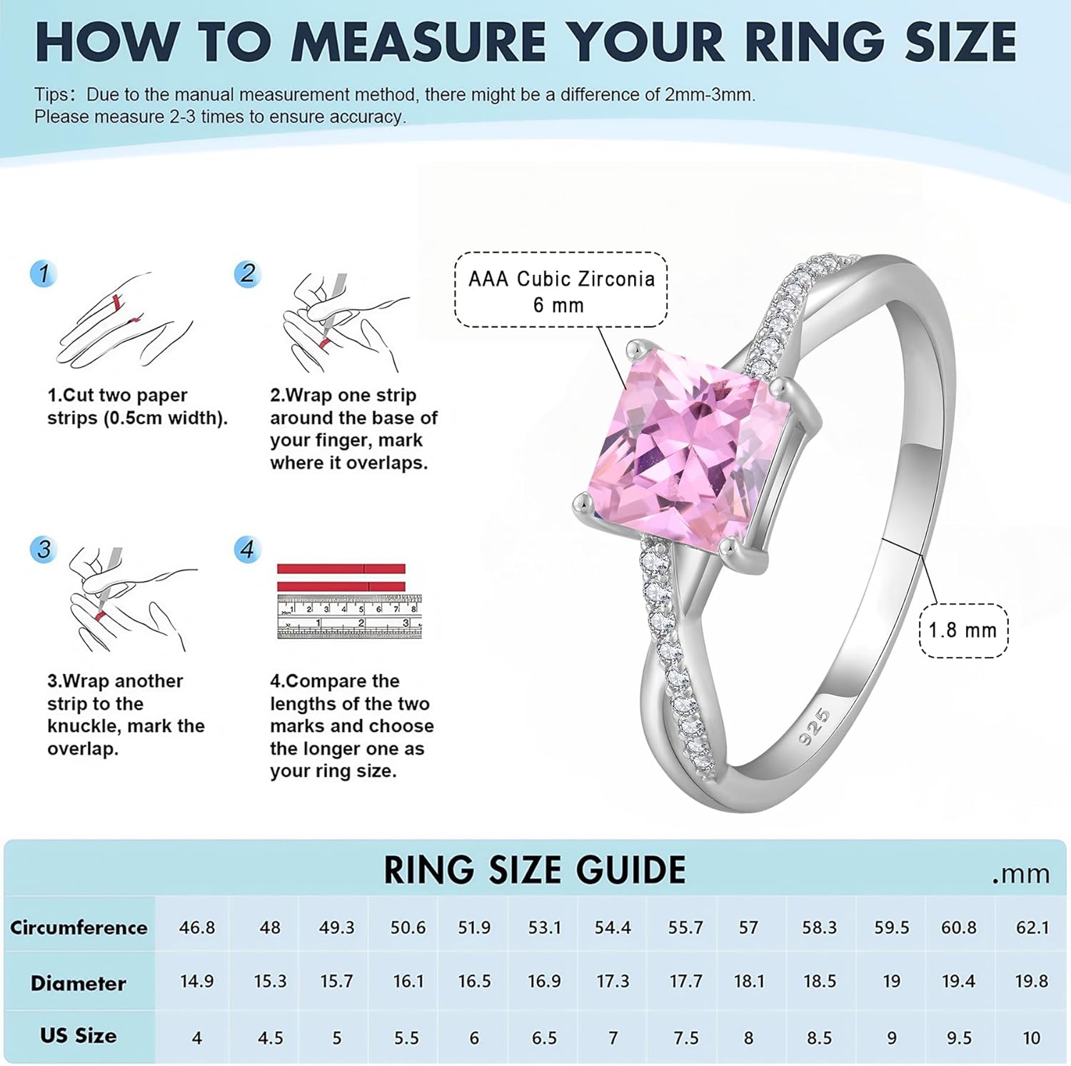 FJ Princess Cut Promise Rings for Her 925 Sterling Silver Engagement Wedding Birthstone Jewelry for Women