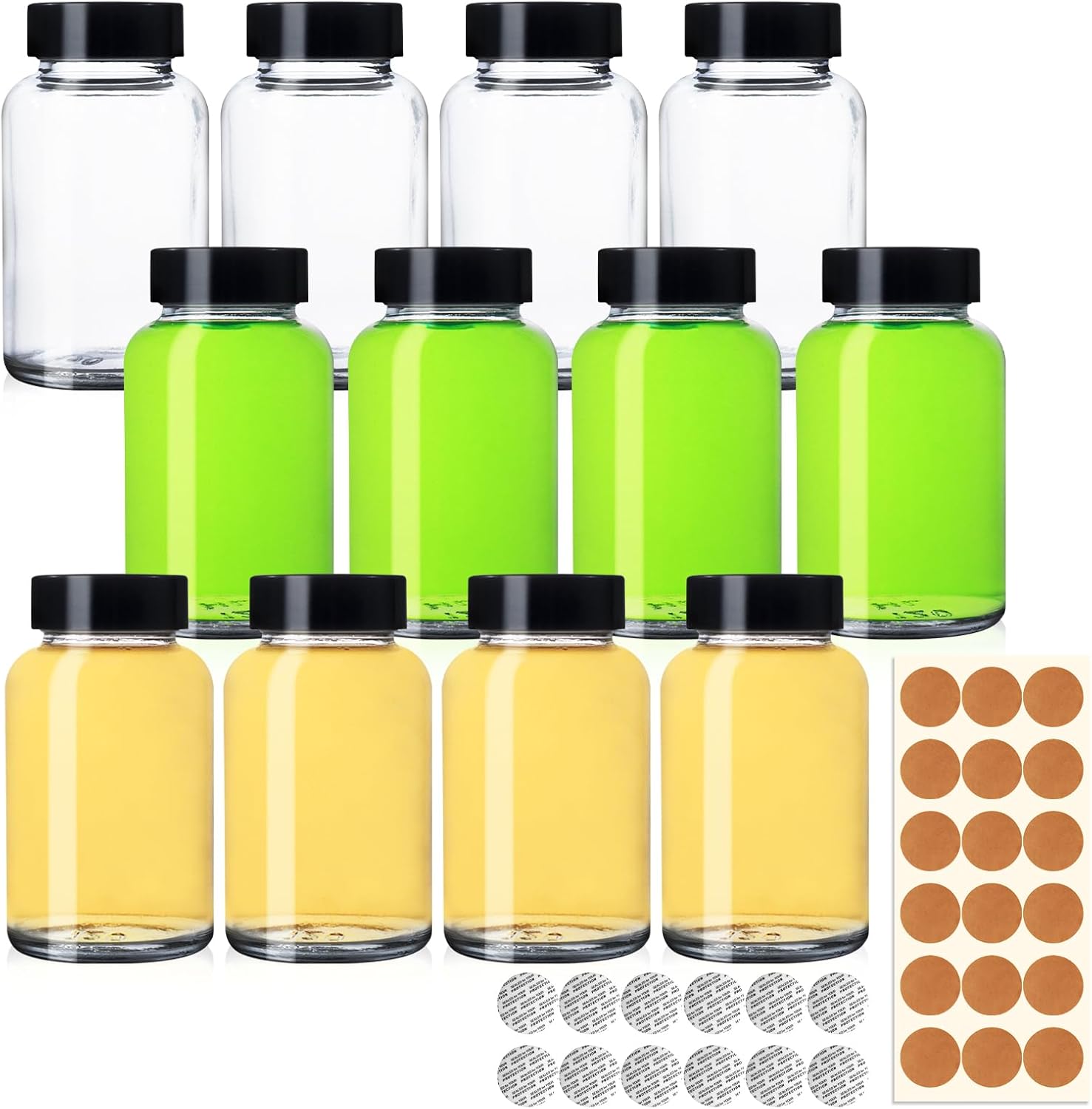 4 OZ Glass Shot Bottles with Caps, 12 Pack 120 ML Empty Juicing Bottles with Screw Lids and Labels, Reusable Airtight Glass Jars for Juice, Ginger Shots, Wellness Shots 4oz-120ml