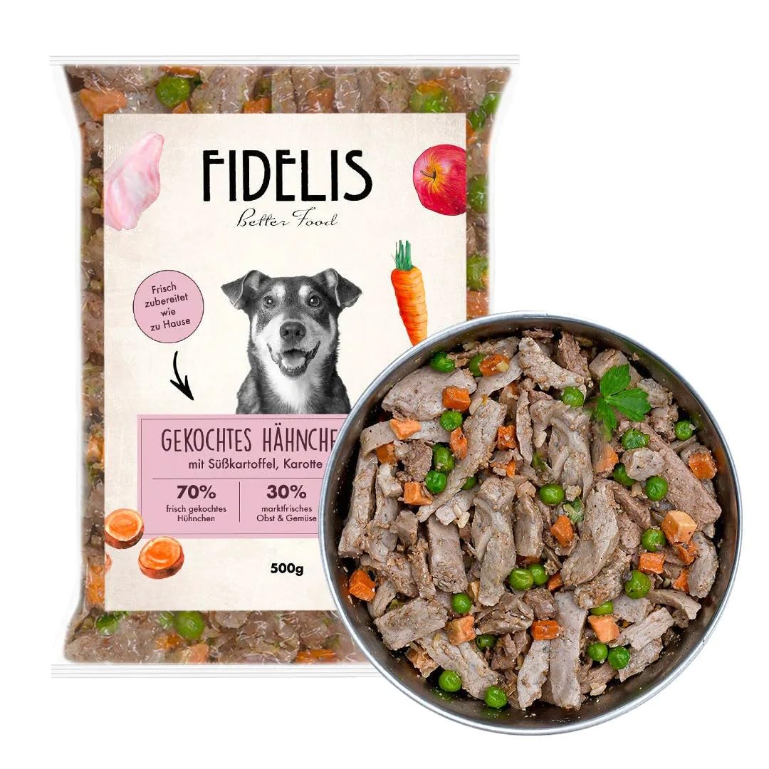 Fidelis – Gekochtes Frische-Menü Huhn für Hunde 10 x 500g - Premium Hunde Futter mit 70% Fleischanteil und frischen Zutaten - Proteinhaltiges Hundefutter nass nicht extrudiert - Zucker- & Getreidefrei