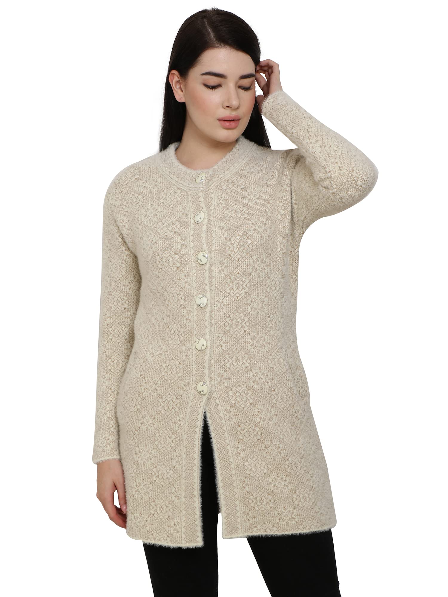 chatanya Premium Women's Winterwear Woolen Round Neck Long Coat Sweater/Cardigan with Pocket (Made of Hair Feather Yarn Wool)-picture-12