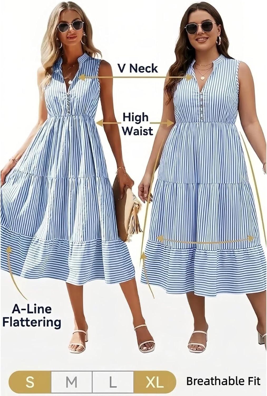BROVAVE Womens 2026 Summer Sleeveless Shirt Dress Collar Striped V Neck Casual Midi Dresses