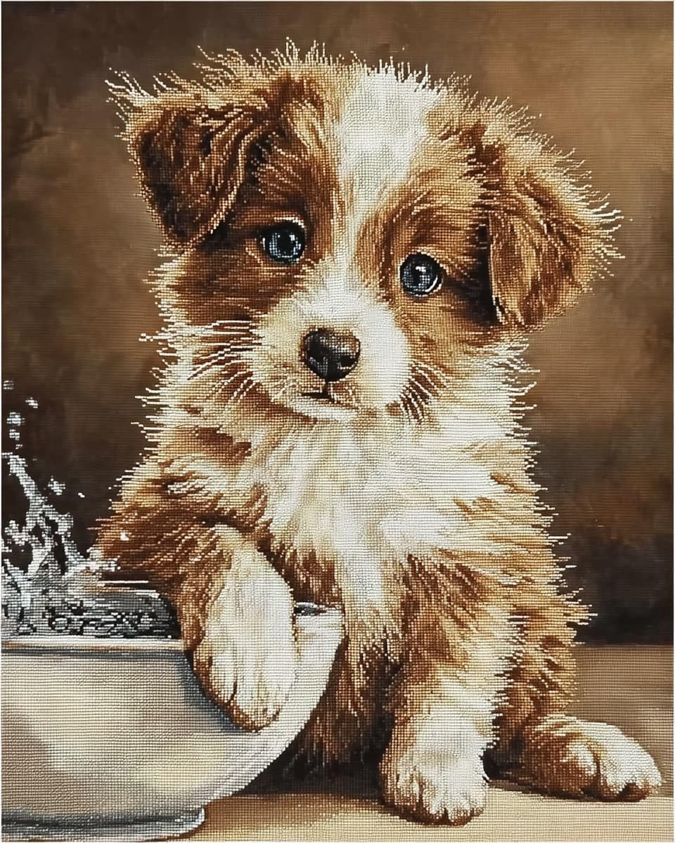 AMBATTERY Embroidery Cross Stitch Kits for Beginners Adults, Animal Dog Pre-Printed Stamped Embroidery Kits 11CT Needlework Kit DIY Artwork for Home Wall Decoration