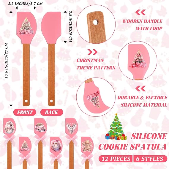Reallnaive 24 Pcs Pink Christmas Pot Holders and Silicone Spatula Gift Christmas Hot Pads with Pocket Xmas Scraper with Wooden Handle Heat Resistant Oven Mitt Cookie Bag for Baking Cooking(Cute)