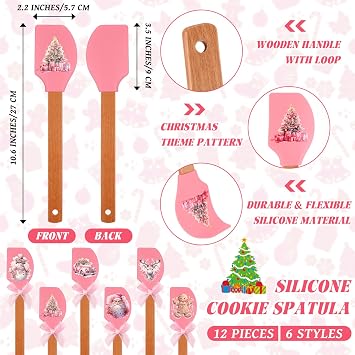 Reallnaive 24 Pcs Pink Christmas Pot Holders and Silicone Spatula Gift Christmas Hot Pads with Pocket Xmas Scraper with Wooden Handle Heat Resistant Oven Mitt Cookie Bag for Baking Cooking(Cute)