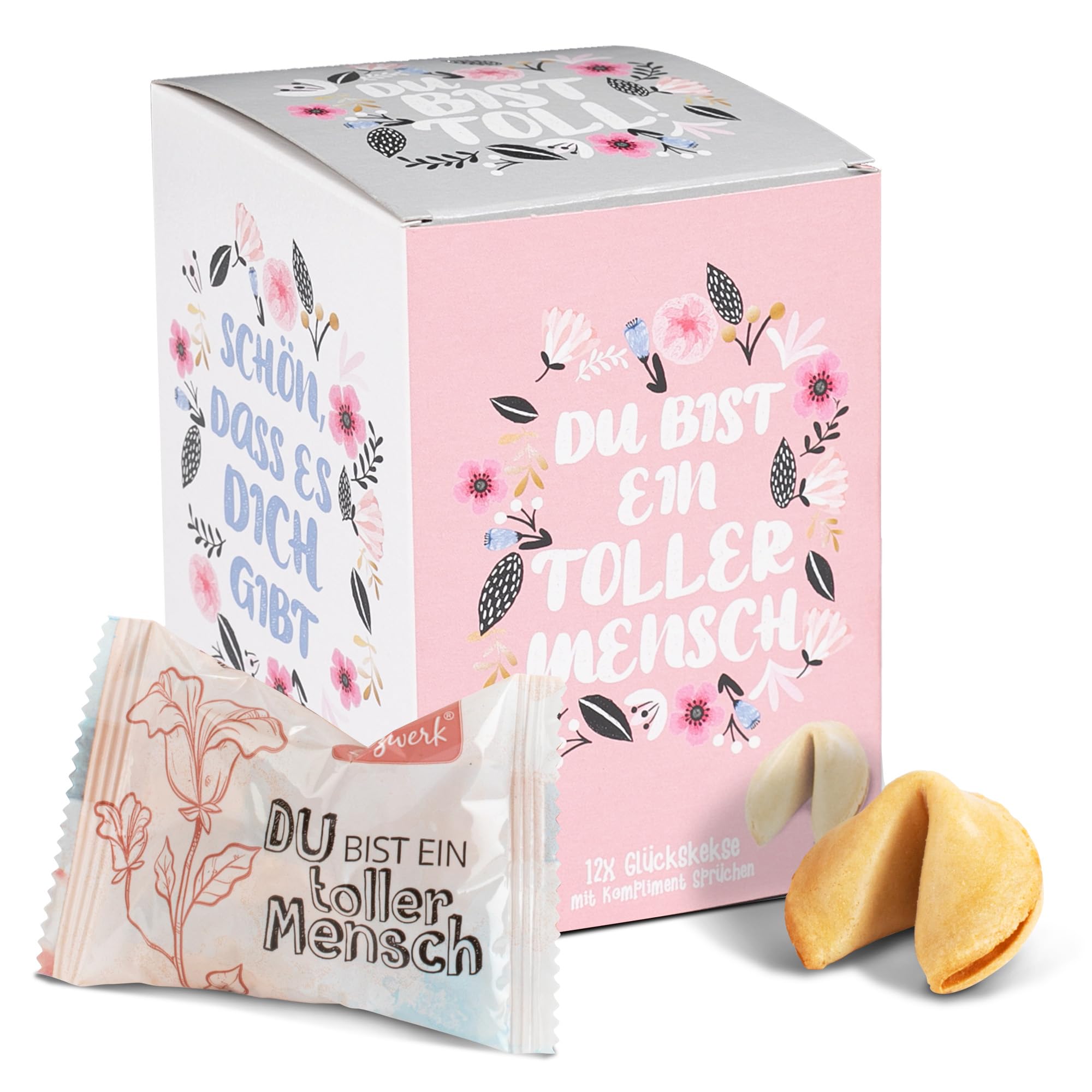 FOOD crew 12x Glückskekse Komplimente - 3 Designs - einzeln verpackt - Glückskeks Kompliment als kleine Geschenkidee für Familie, Freunde, Kollegen - Komplimente Kekse für Adventskalenderfüllungen