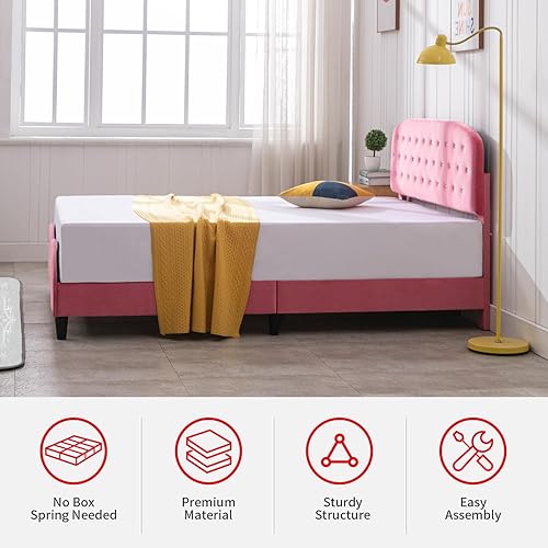 Miniatura 4 de PUREMIND Marco de cama individual para niños, marco de cama princesa, marco de cama para niños, plataforma de cama tapizada de madera con cabecera y
