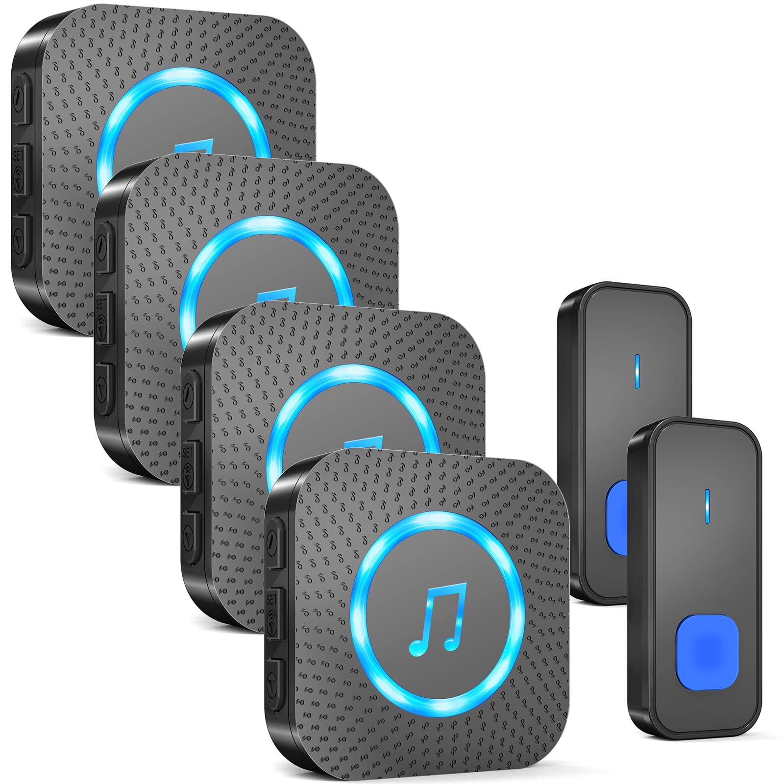 AIMAX Campanello senza fili con 2 trasmettitori e 4 ricevitori, 400 m di portata, impermeabile IP55, 55 suonerie, 5 livelli di volume con flash LED, installazione wireless, nero