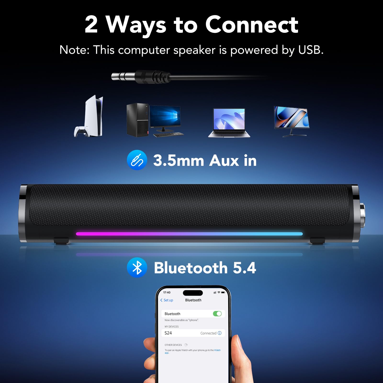 Diagram showing 3.5mm AUX and Bluetooth connection methods for the aowoka S24-1 speaker