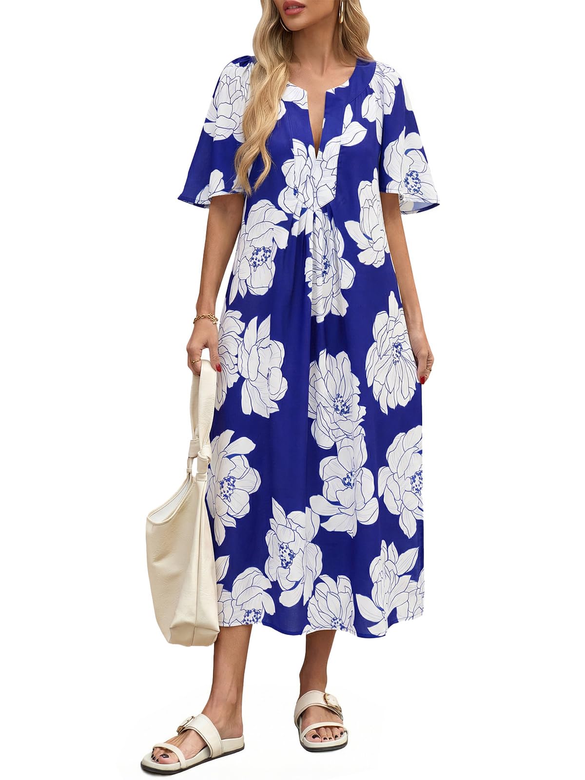 Wenrine Womens Casual Maxi Dress Short Sleeve Loose Flowy Summer Dresses
