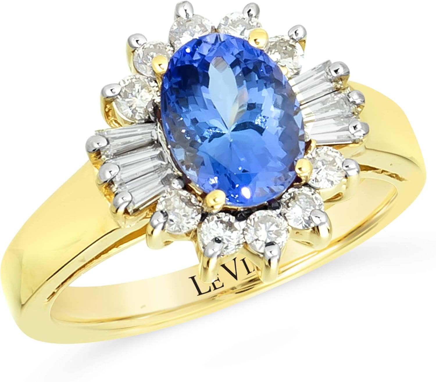 LeVian 18K Yellow Gold, Oval Tanzanite & 5/8 Cttw Round and Baguette Cut Diamond Cathedral Style Fashion Ring (M-N Color, SI2-I1 Clarity)