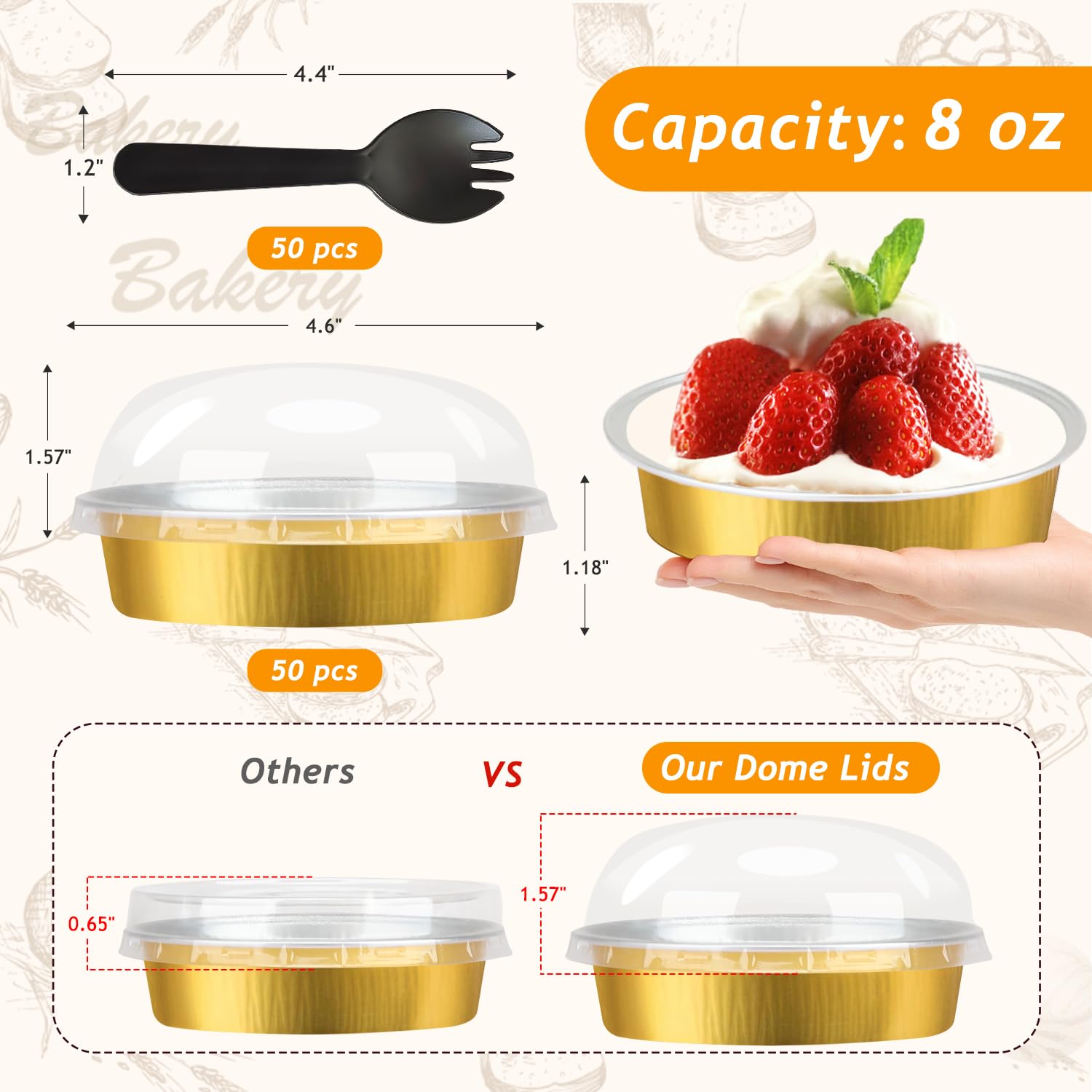 LNYZQUS - Mini moldes para tartas de 8 onzas con tapas, paquete de 50 unidades, moldes desechables de aluminio para tartas pequeñas de 4 pulgadas, moldes individuales para tartas de queso, crema