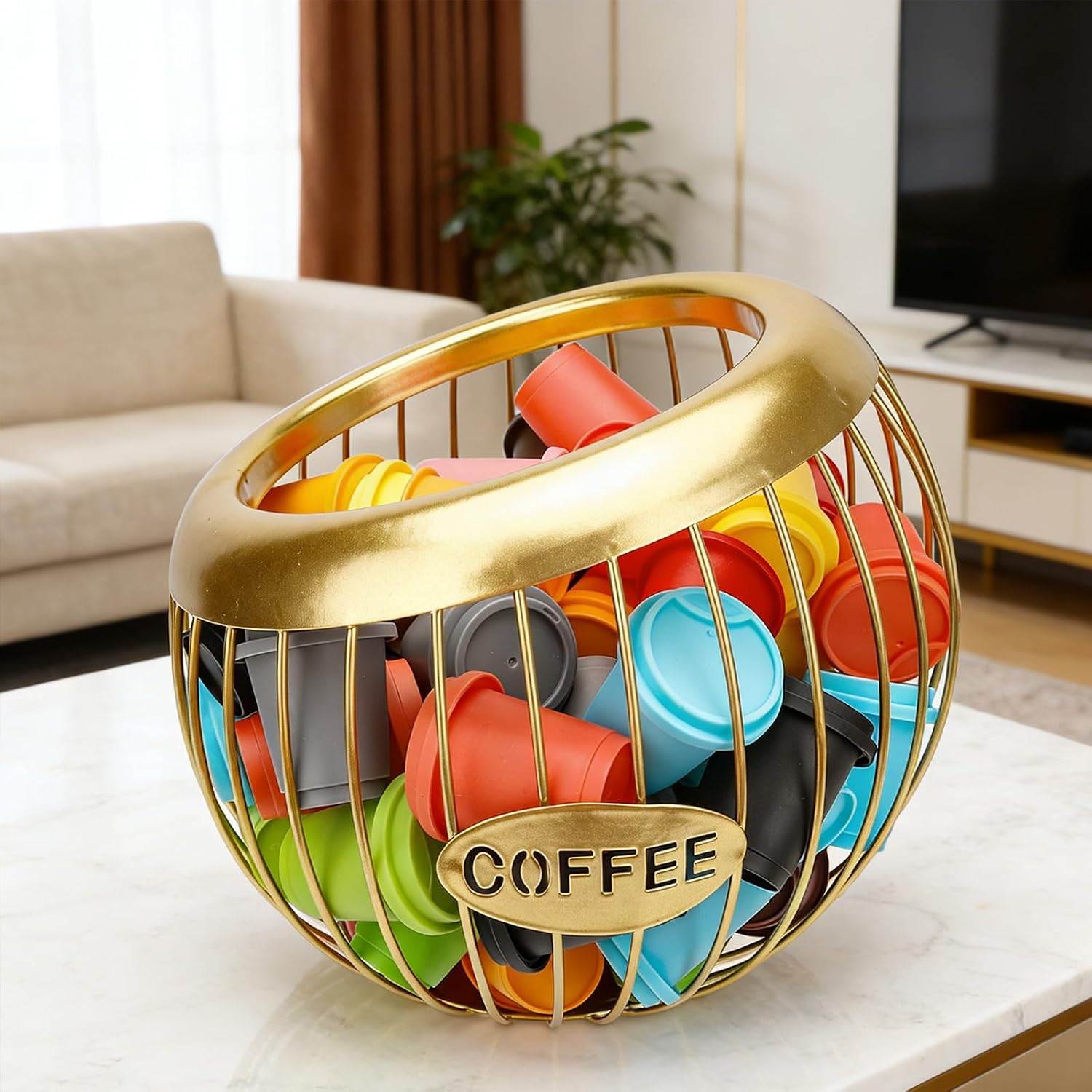 Large Capacity Metal Coffee Pod Holder - K Cups Organizer, Espresso Capsule Storage Basket for Counter & Bar Station Accessories (Golden)