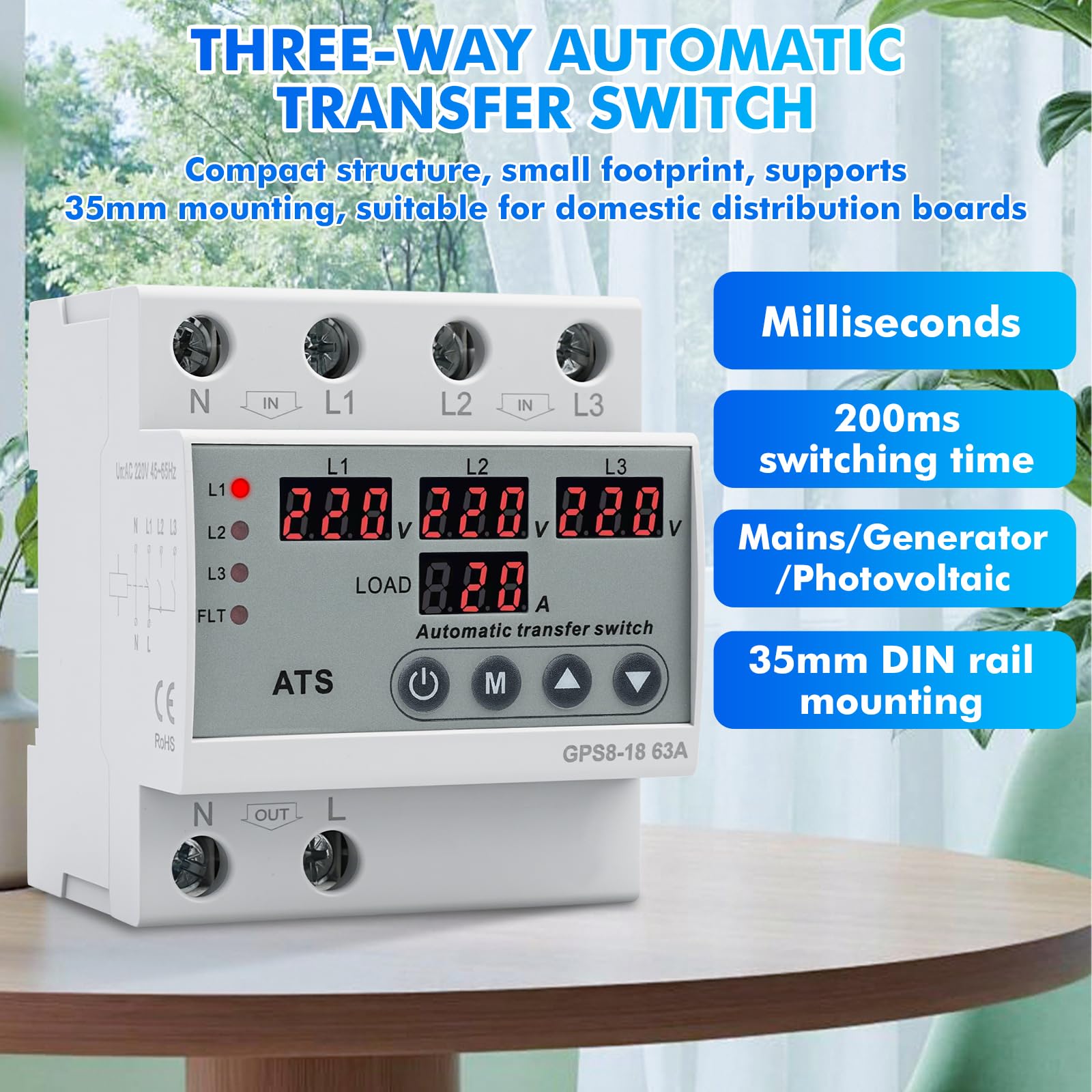 Interruttore di Trasferimento Automatico Trifase AC220V Commutatore 3 Posizioni Display Digitale LED Protezione da Sovratensione Sottotensione Sovracorrente per generatori fotovoltaici di rete GPS8-18