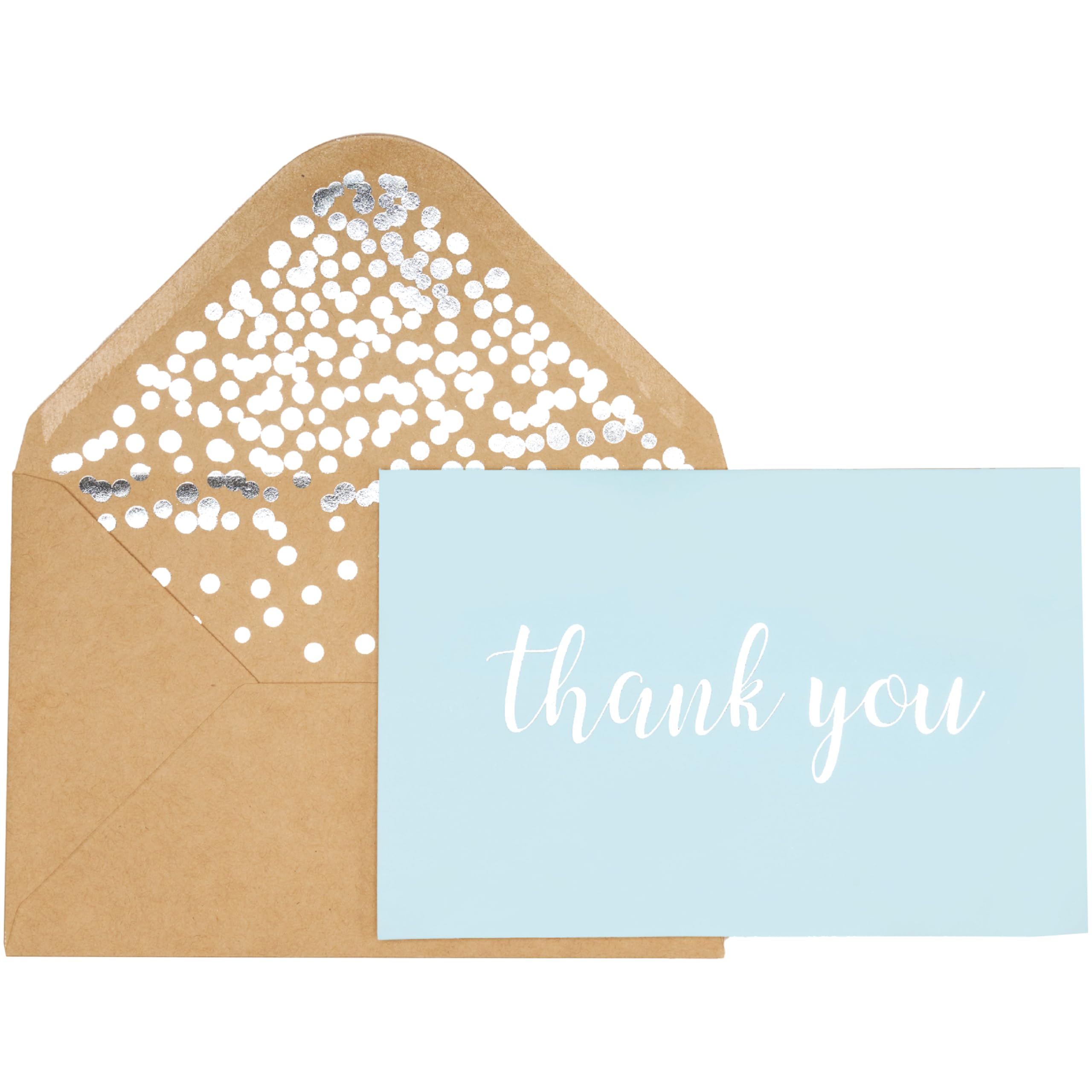 Thank You Cards - Blank 50 Pack Baby Blue Matte Finish Cards with Silver Foiled "Thank You" Printed with 52 Confetti Design Kraft Envelopes 4" x 6" -