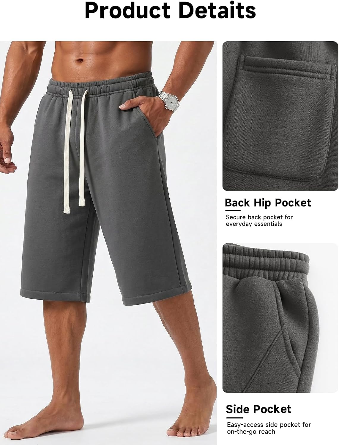 ZUY Men's Baggy Sweat Shorts Cotton Long Below Knee Fleece Capri Shorts 11" Athletic Casual 3/4 Pants with Pockets