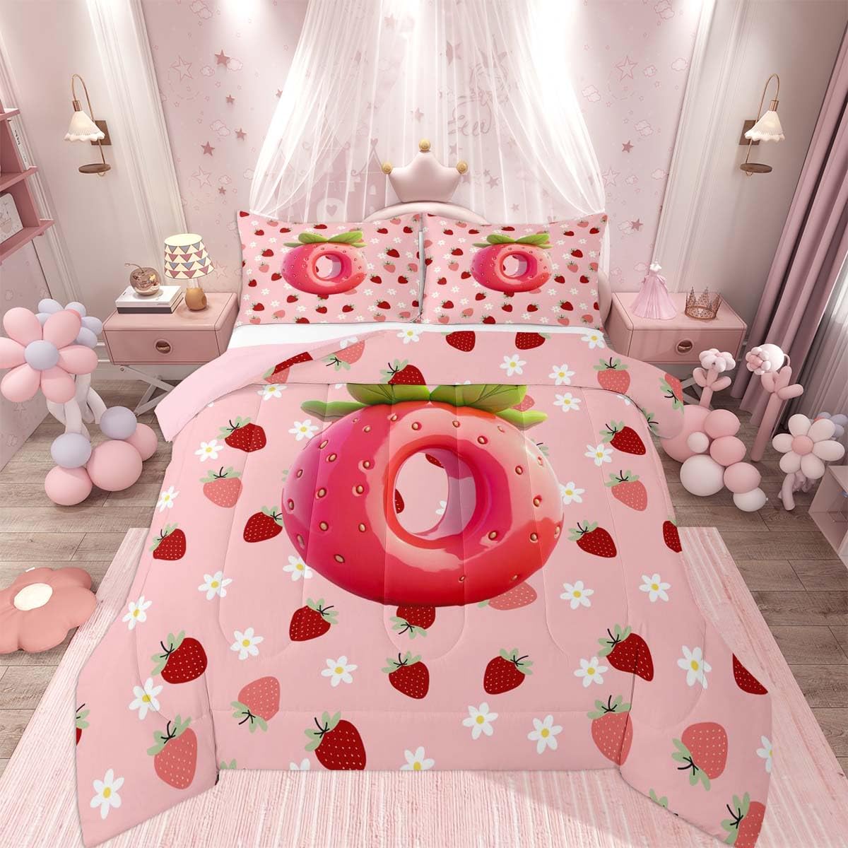 Feelyou Girls Pink Red Strawberry Kids Comforter Set Toddler Size Initial Letter O Bedding Set Princess Strawberry Duvet Quilt for Kids Boys Girls Bedroom Decor Microfiber Ultra Soft Breathable