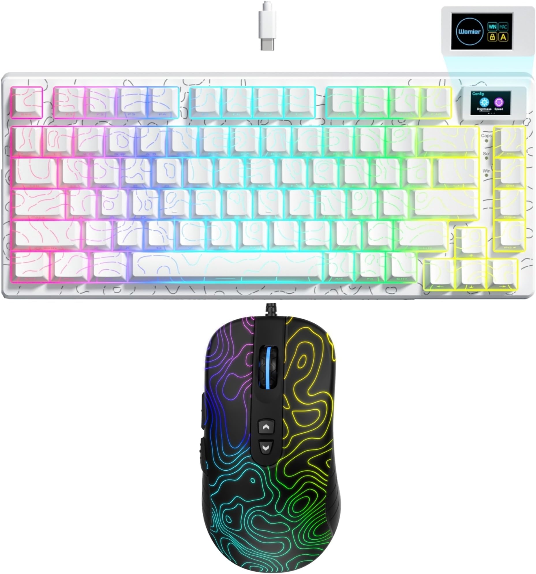 Womier SK80 75% Percent Keyboard Gaming with Color Multimedia Display Mechanical Keyboard Wired Gaming Mouse, 128000 DPI RGB Computer Mouse Topographic