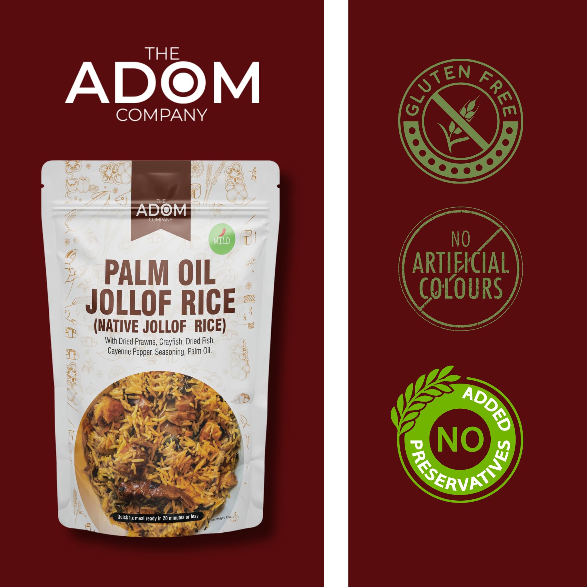 THE ADOM COMPANY - Authentic Native Jollof Rice Mix, Ready-to-Cook, Richly Spiced, All-Natural, No Preservatives, 20-Min Meal, Perfect for Family & Parties, 430g (Mild)
