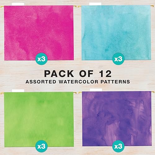 Miniatura 2 de Global Printed Products Carpetas colgantes impresas de diseñador de lujo, 4 patrones, tamaño carta, 12 por paquete (acuarela sólida)