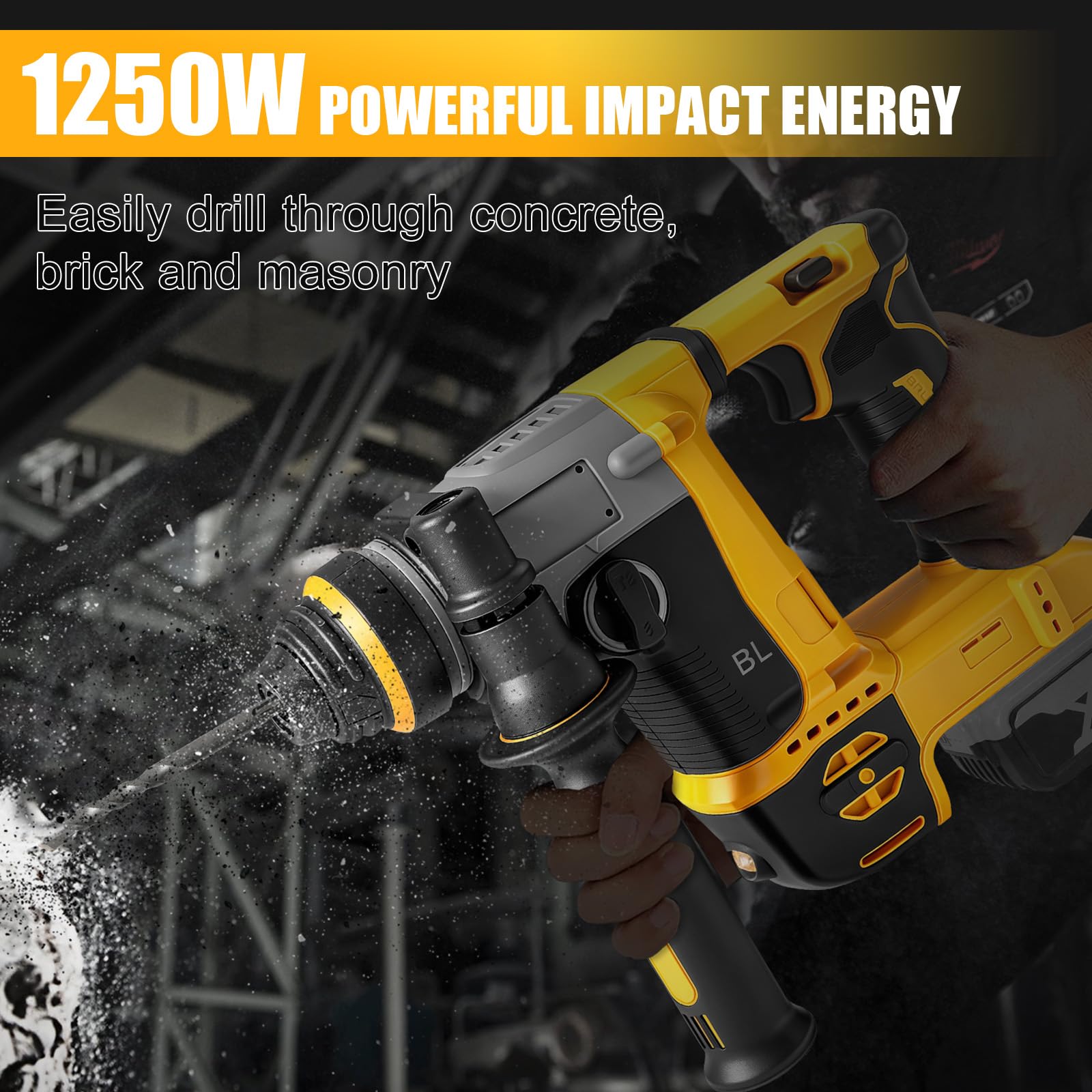 Roadtime 2 en 1 Martillo combinado y taladros para DeWalt 20V(sin batería) | 1250W Velocidad del Hammer de corte 3500 rpm,Hammer combinado con 3x broca SDS PLUS,Energía de golpe 3 J,con 4 funciones