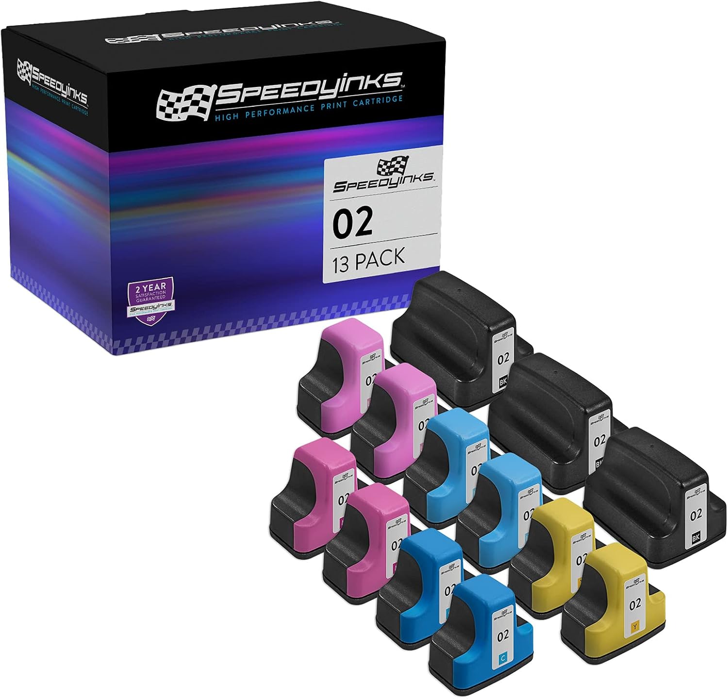 SPEEDYINKS Remanufactured Replacements for HP 02 Ink Cartridges with smart chip (3 Black, 2 Cyan, 2 Magenta, 2 Yellow, 2 Light Cyan, 2 Light Magenta, 13-Pack) PhotoSmart C5180 C6180 C6280 C7250 C7280