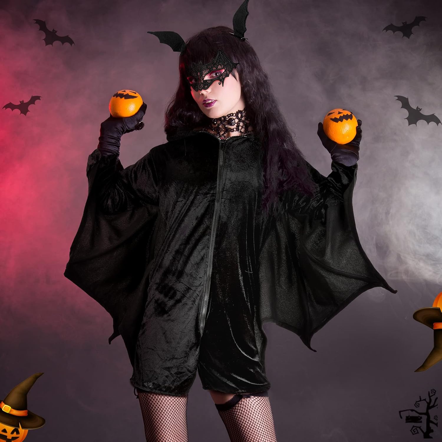 Janmercy 3 Pcs Halloween Bat Costume for Women Gilrs Black Bat Wings Poncho Lace Masquerade Mask Scary Costume for Women - Image 5
