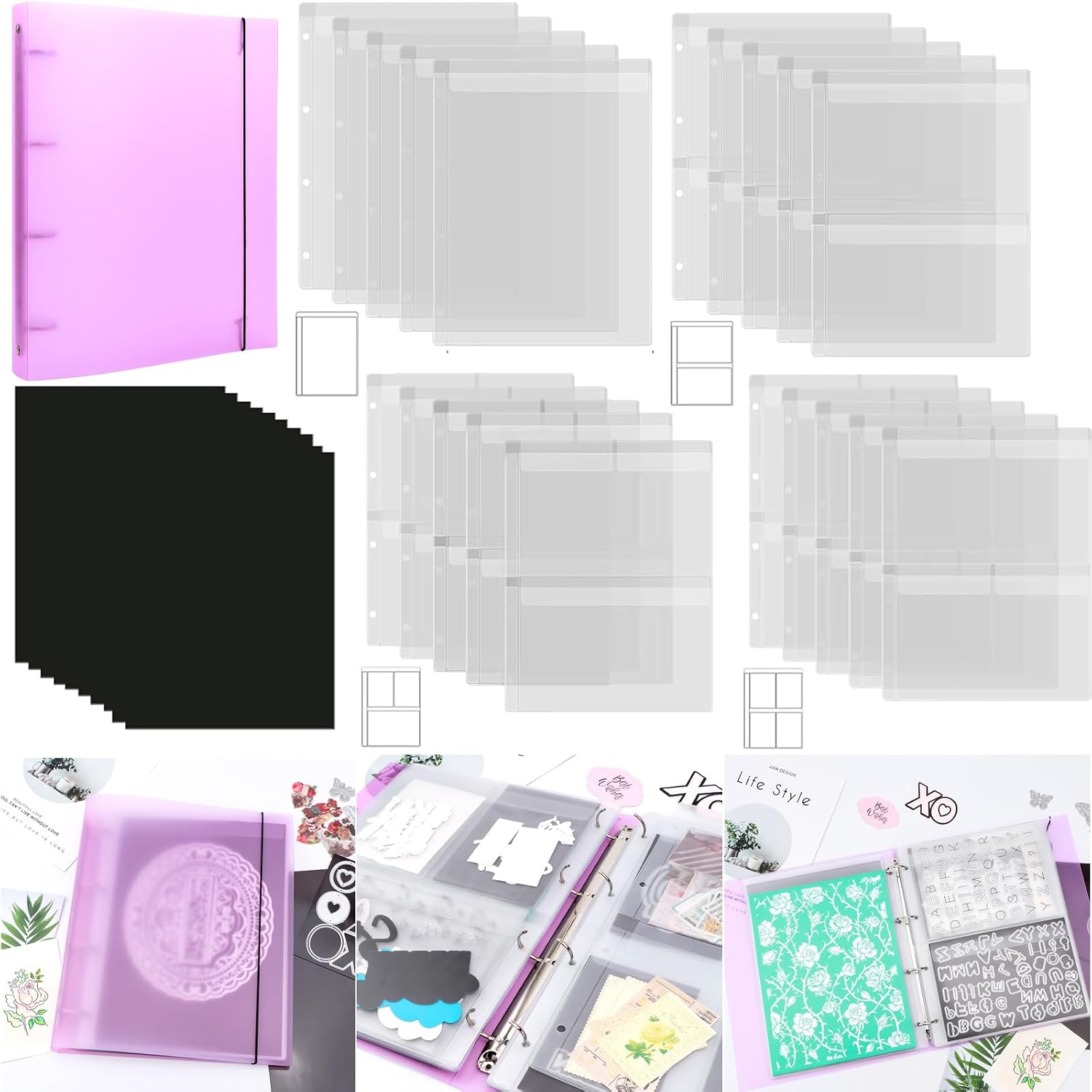 31Pcs/set A4 Die Storage Book Binder, 11.x8.3 Inch 10 Pcs 0.3mm Thickness Magnet Sheets for Dies Storage with 1 Pocket Folder and 20 Inserts Pages 1/2/3/4 Grids Pockets,Dies Stencil Organizer (Purple)