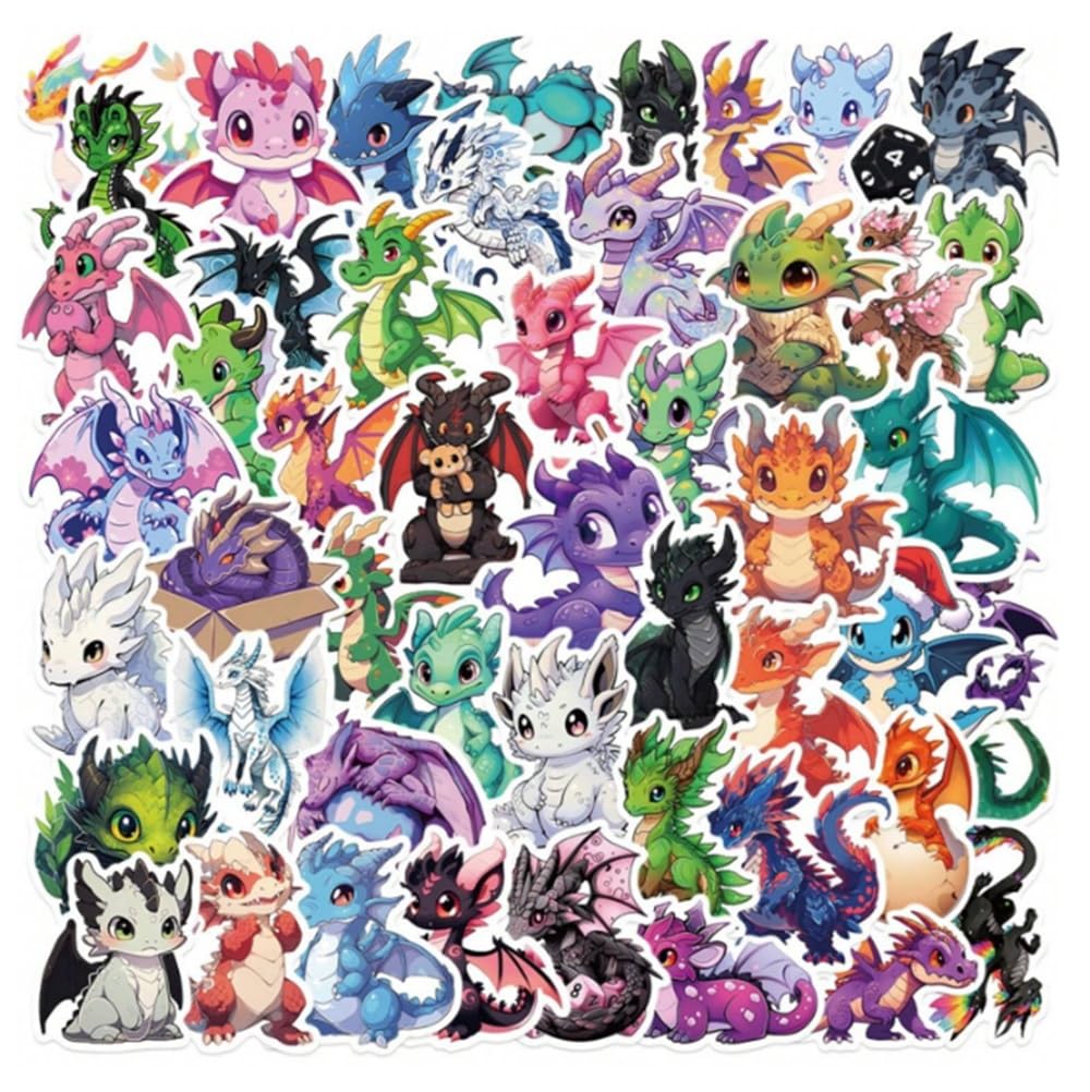 CAA Trading™ Pack of 50 Vibrant Baby Dragon Waterproof Vinyl Stickers Scrapbooking Mystical Cartoon (50 Stickers)